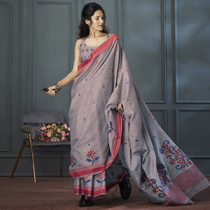 Grey Floral Woven linen Saree
