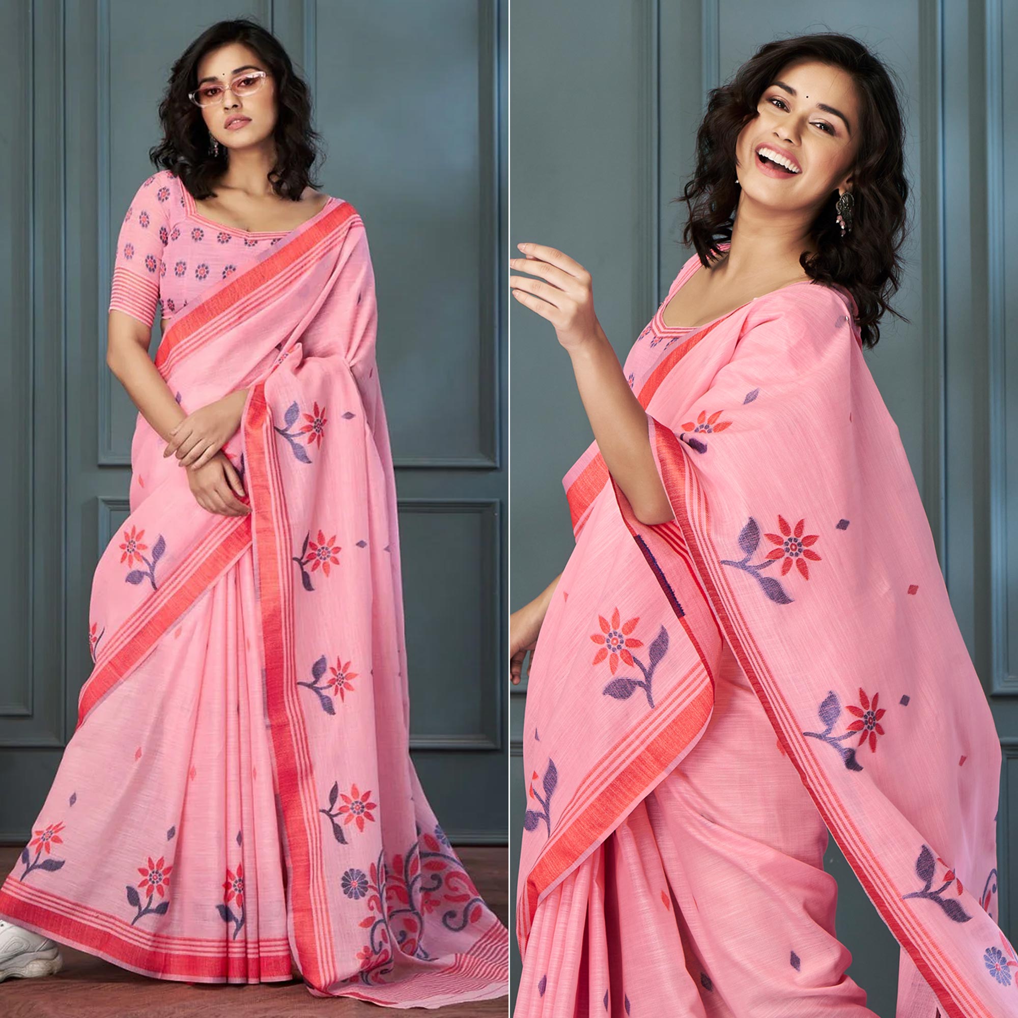 Pink Floral Woven linen Saree