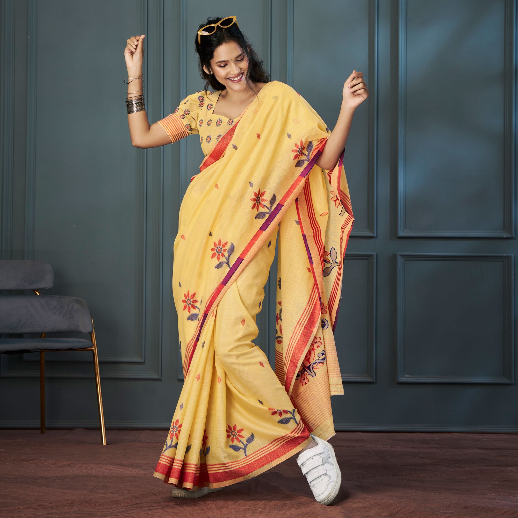 Yellow Floral Woven linen Saree