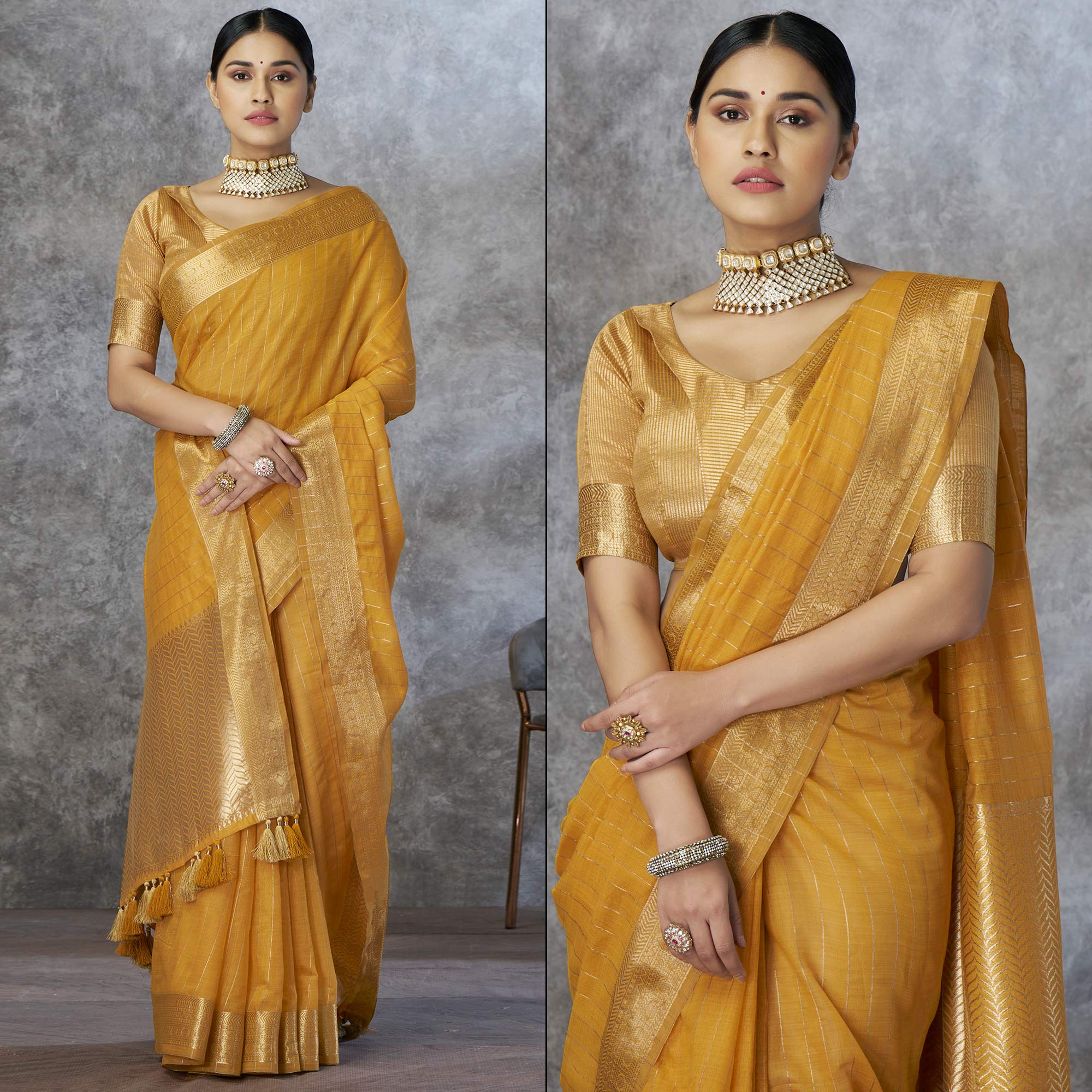 Mustard Woven Cotton Silk Saree With Tassels