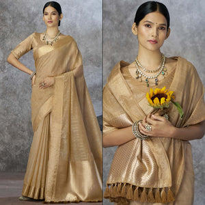Chikoo Woven Cotton Silk Saree With Tassels