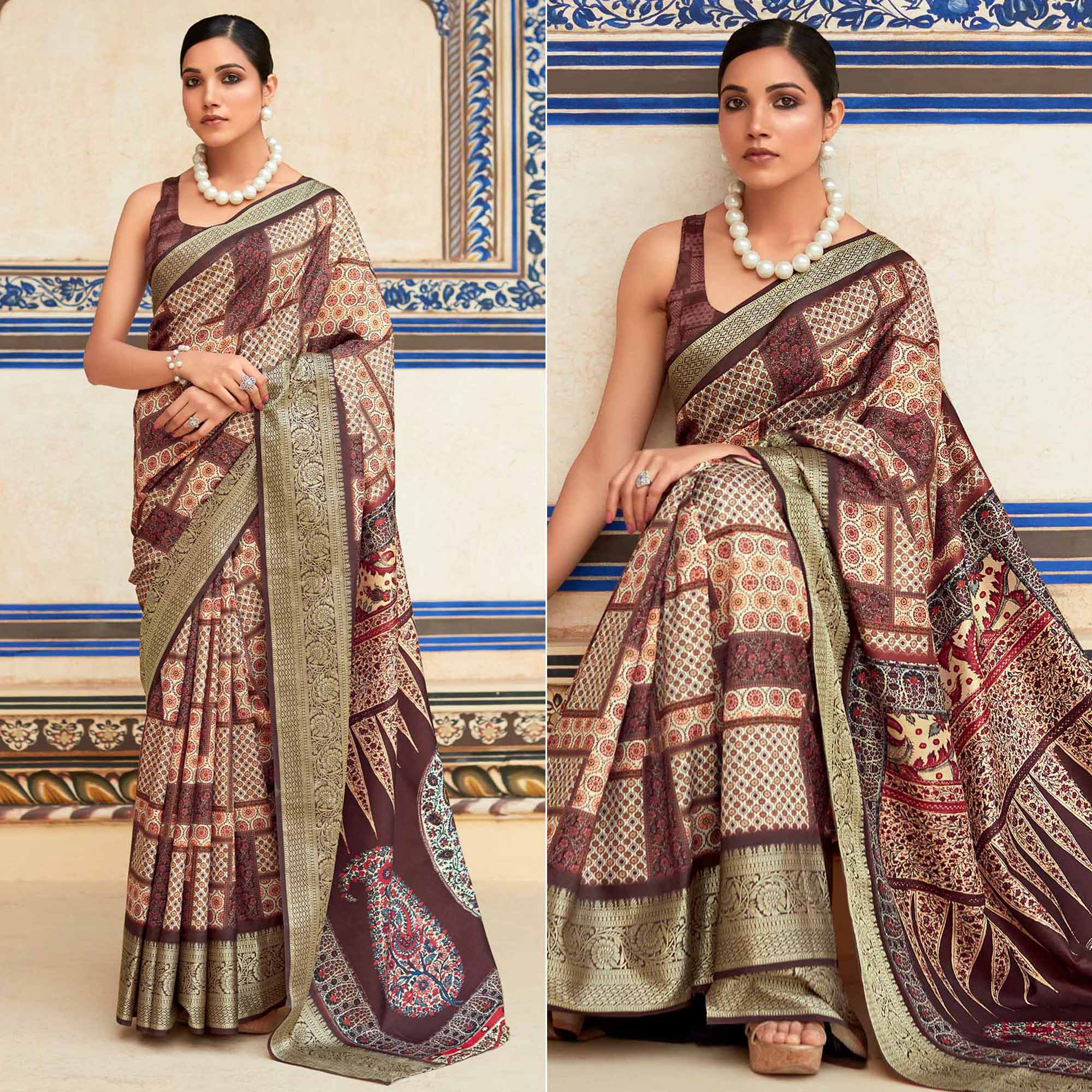 Beige & Brown Printed Dola Silk Saree