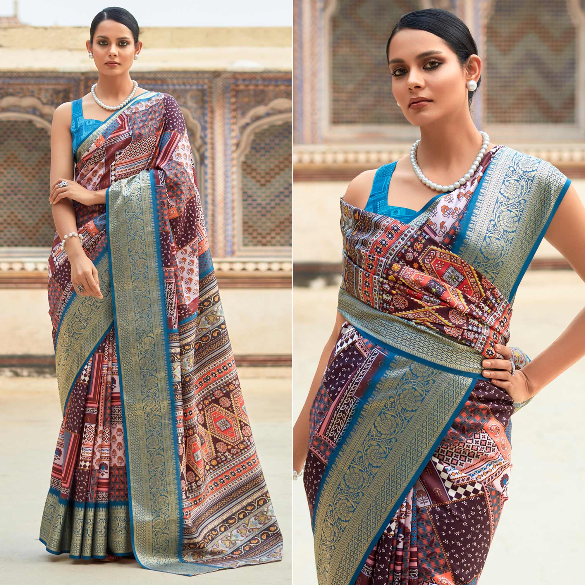 Brown & Blue Printed Dola Silk Saree