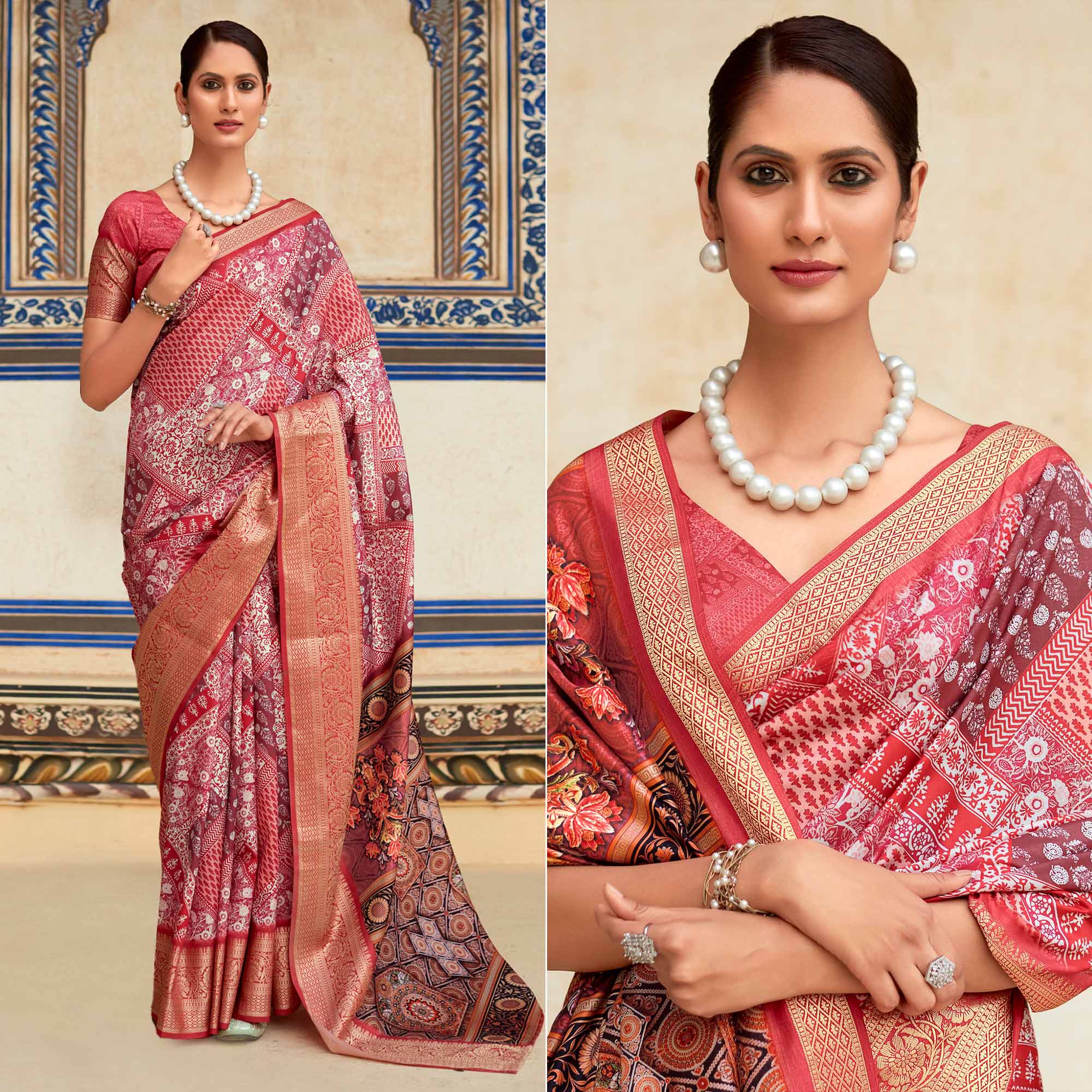 Gajri Pink Printed Dola Silk Saree
