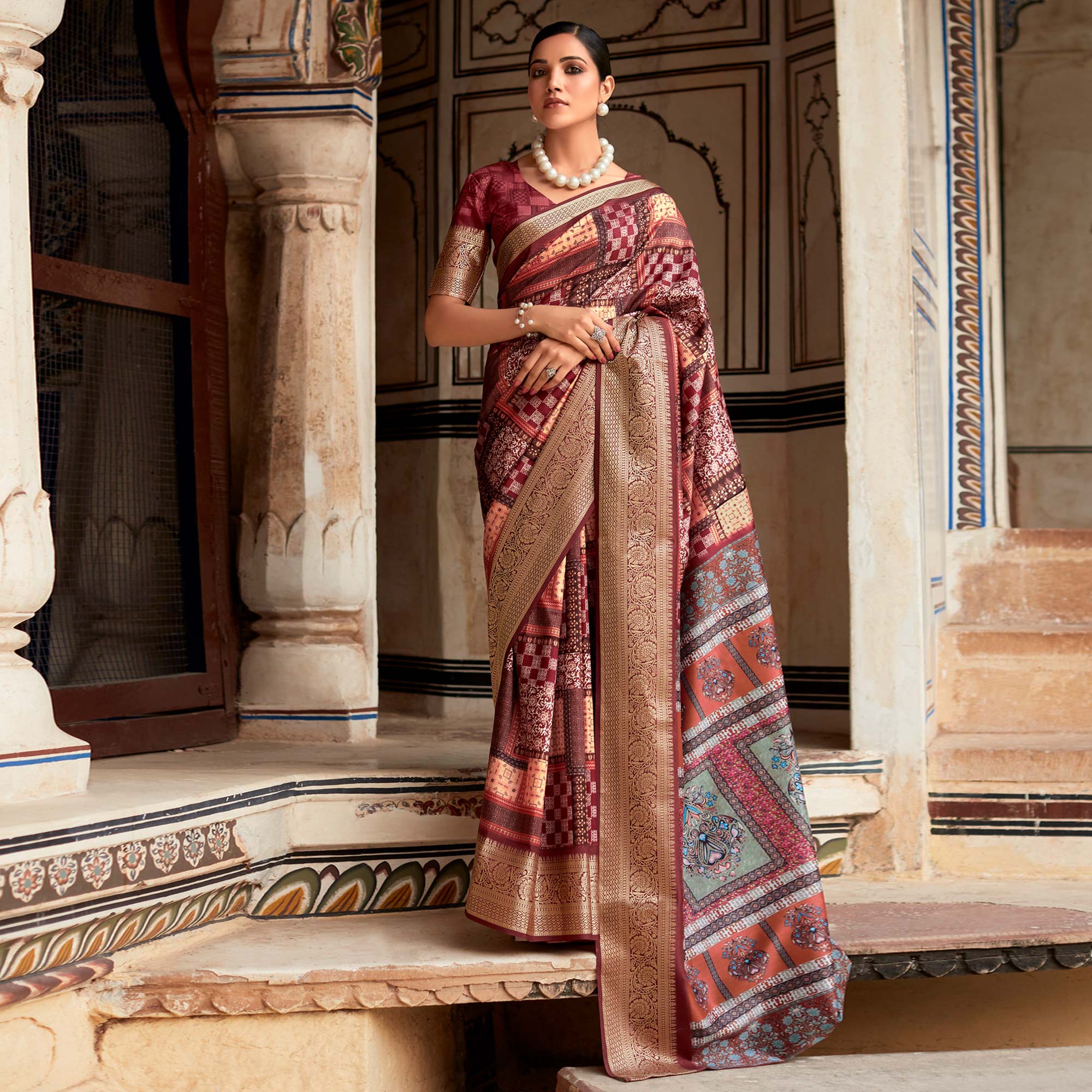 Light Maroon Printed Dola Silk Saree