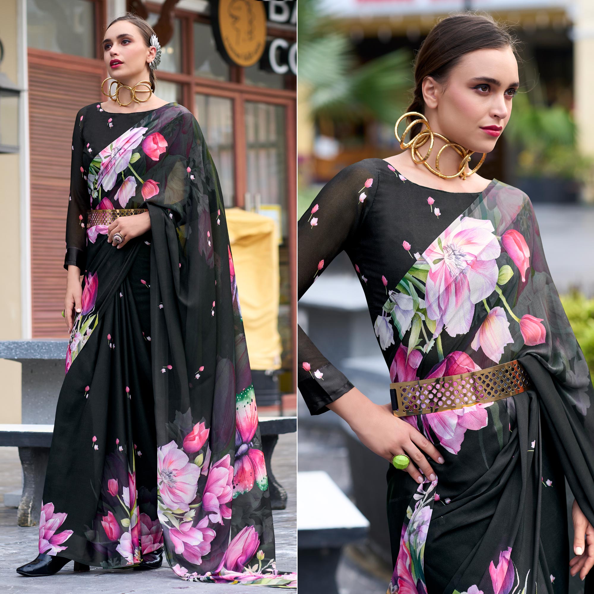 Black Floral Printed Georgette Saree