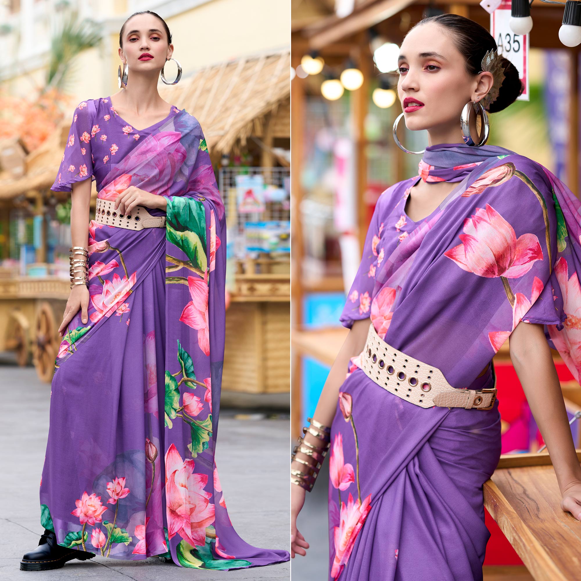 Lavender Floral Printed Georgette Saree