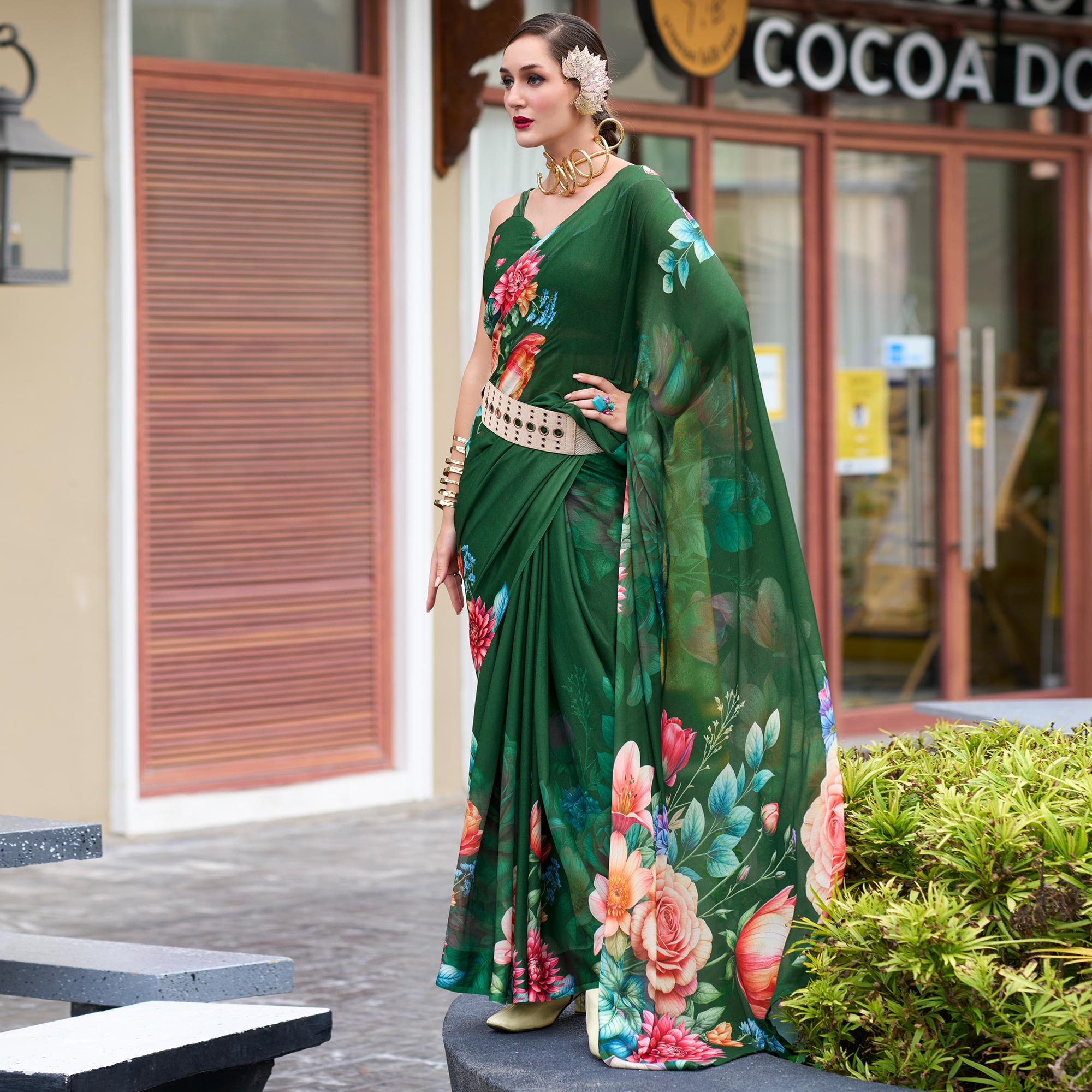 Green Floral Printed Georgette Saree