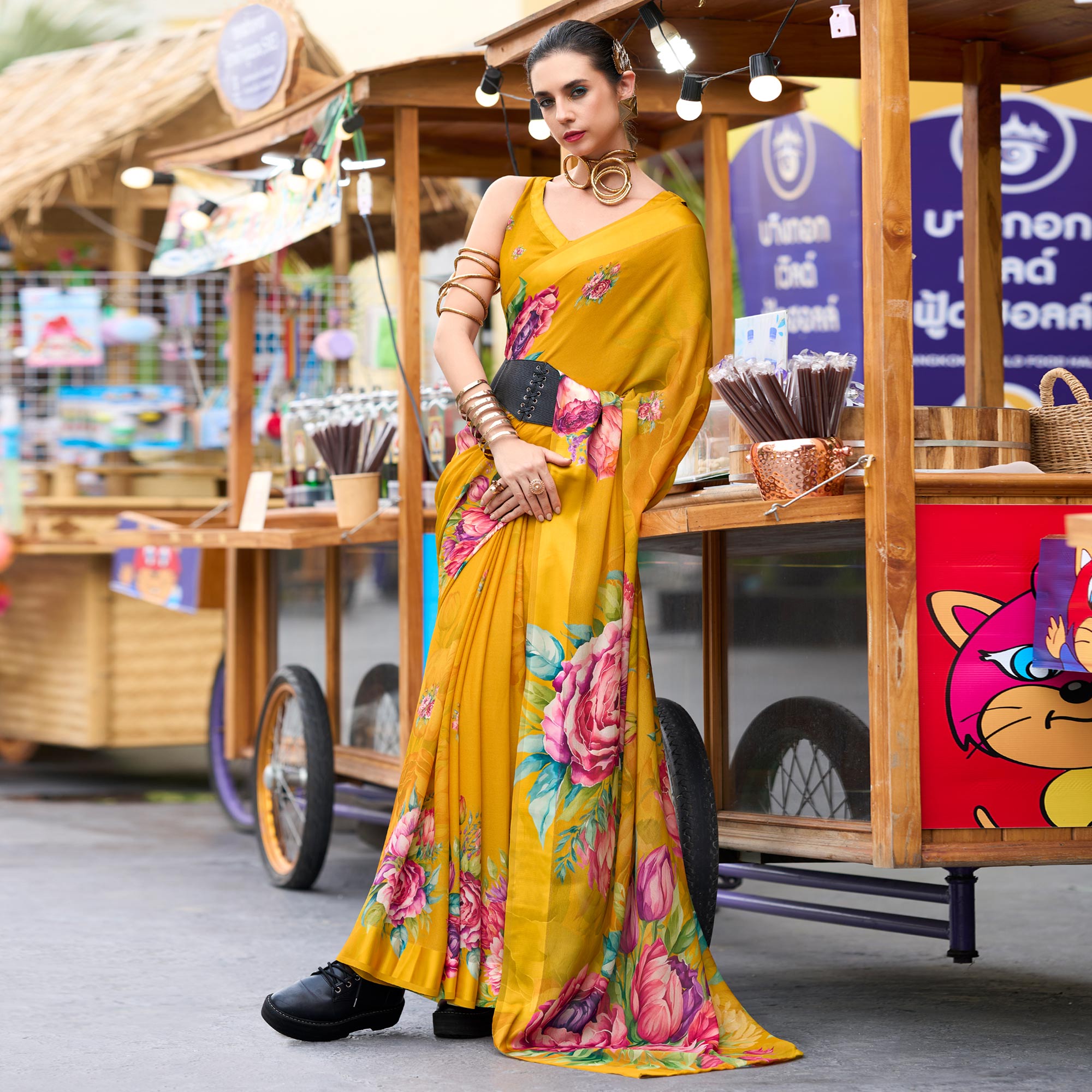 Mustard Floral Printed Georgette Saree