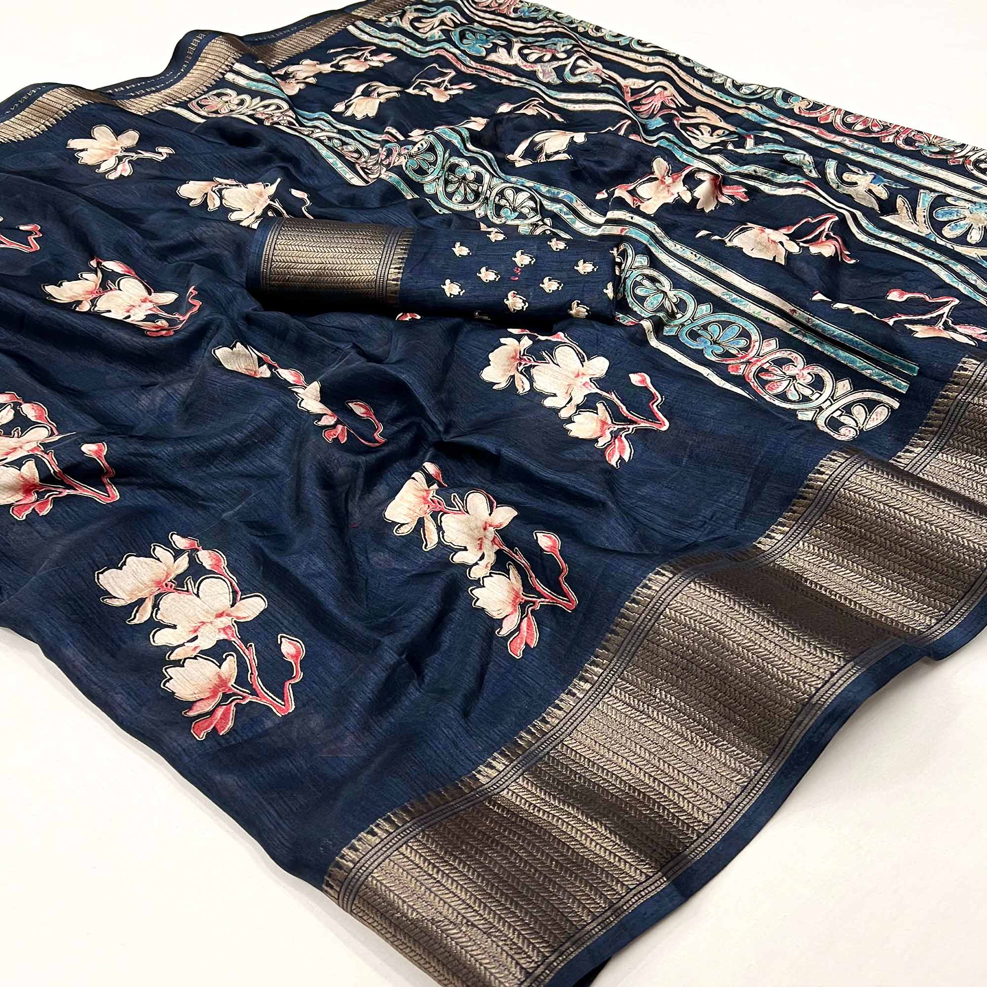 Blue Floral Foil Printed Dola Silk Saree With Jacquard Border
