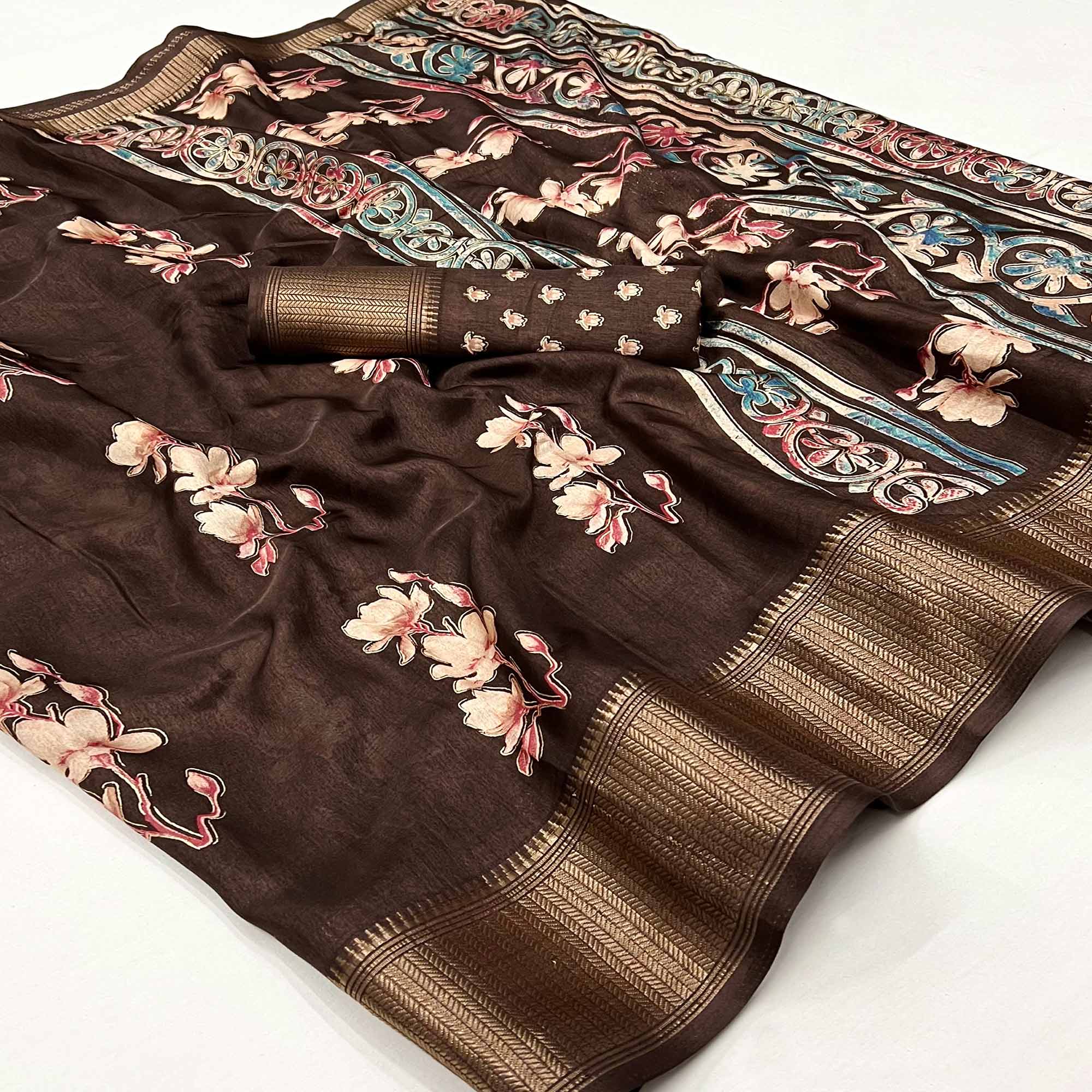Brown Floral Foil Printed Dola Silk Saree With Jacquard Border