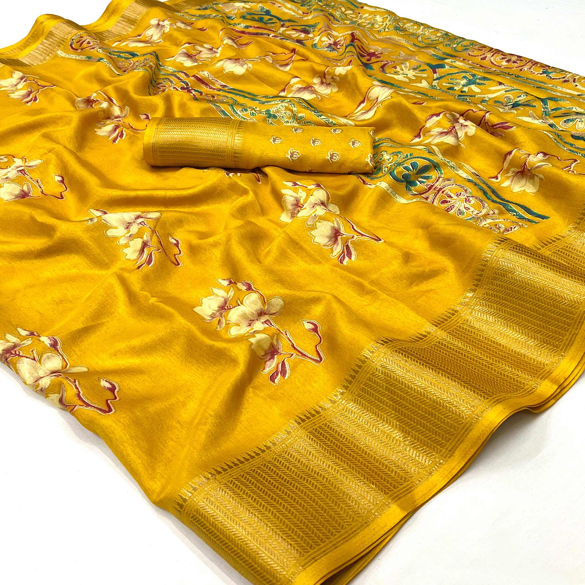 Yellow Floral Foil Printed Dola Silk Saree With Jacquard Border
