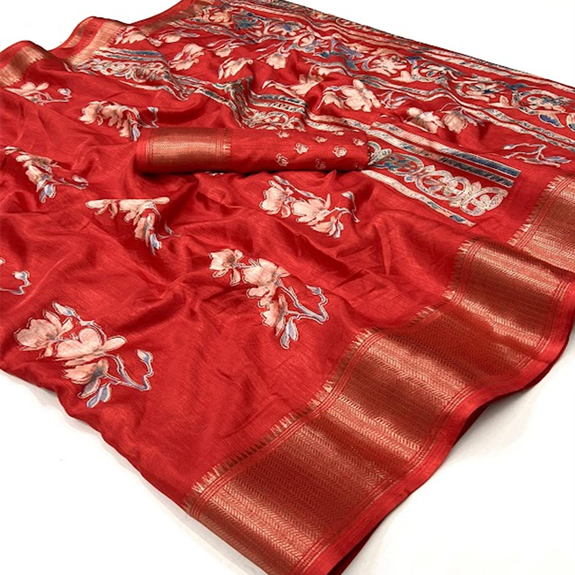 Red Floral Foil Printed Dola Silk Saree With Jacquard Border