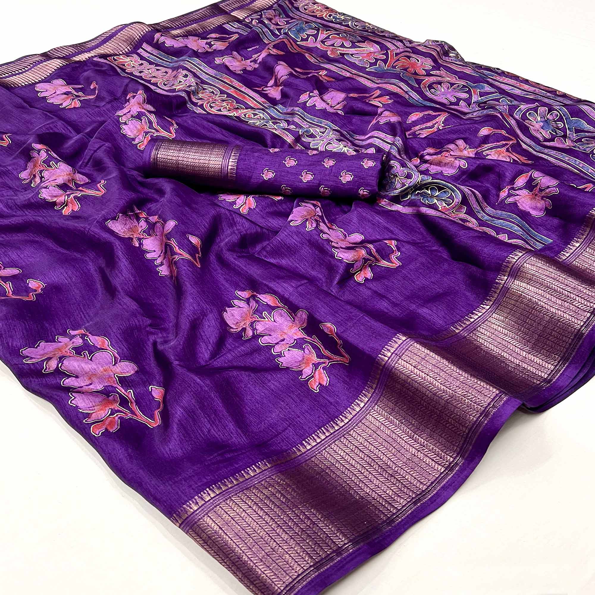 Purple Floral Foil Printed Dola Silk Saree With Jacquard Border