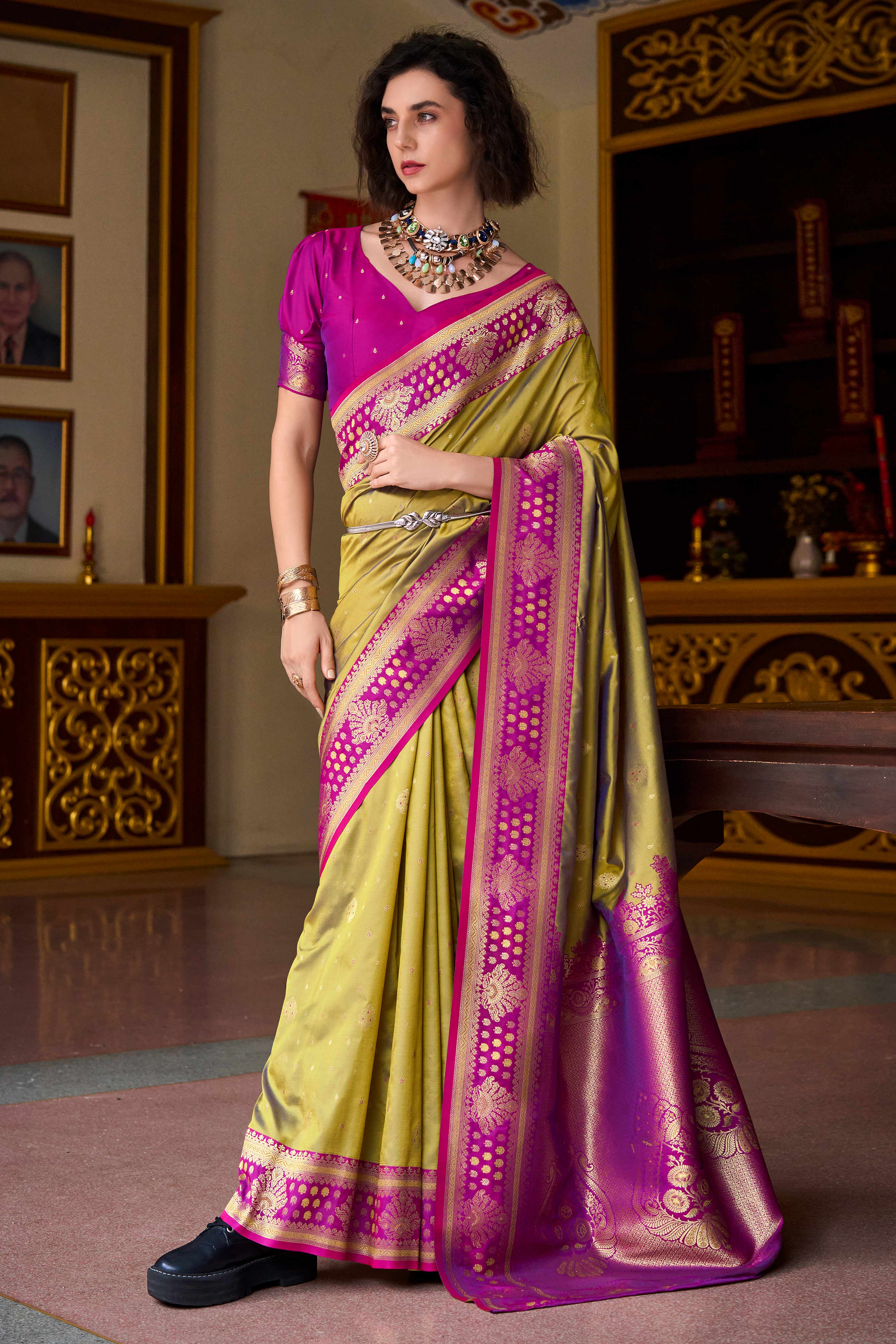 Pure Soft Banarasi Silk Saree in Olive Hue with Timeless Zari Butti Patterns