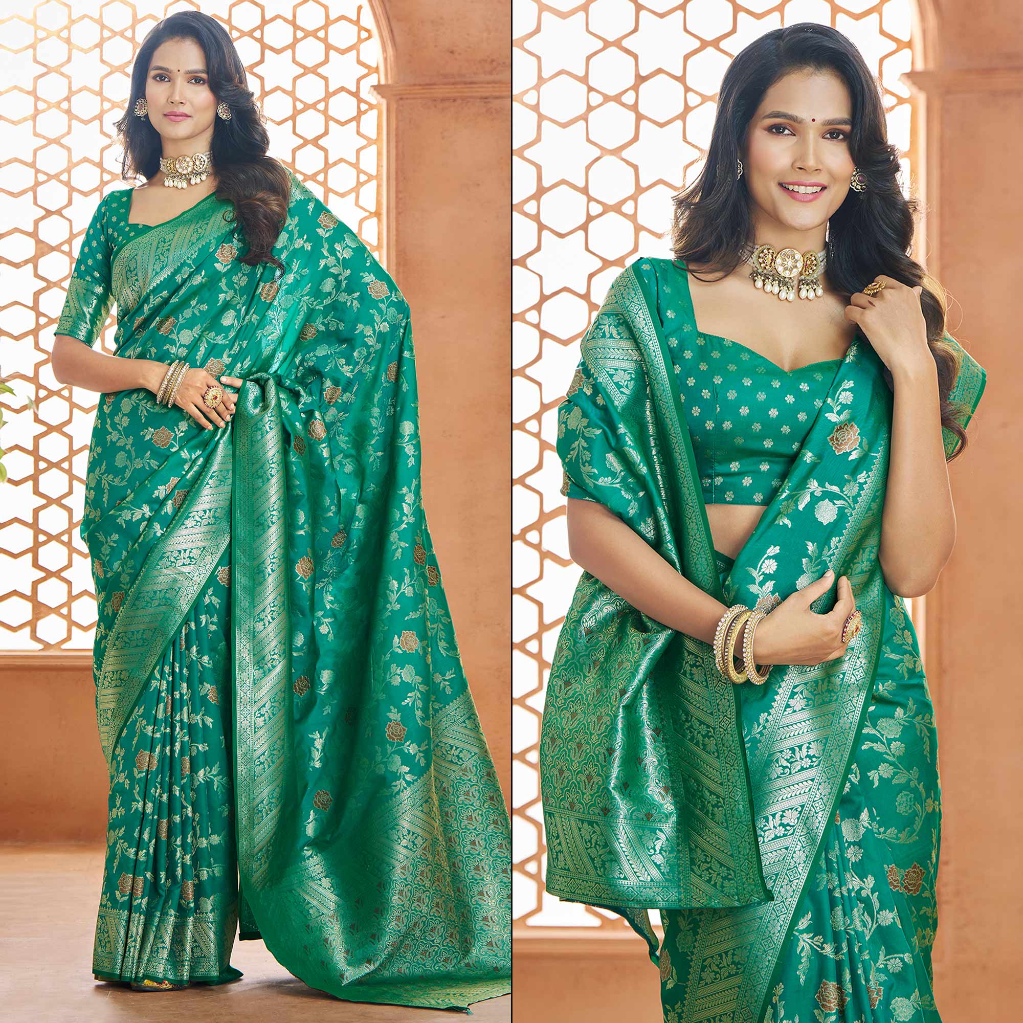 Rama Green Floral Woven Pure Banarasi Silk Saree