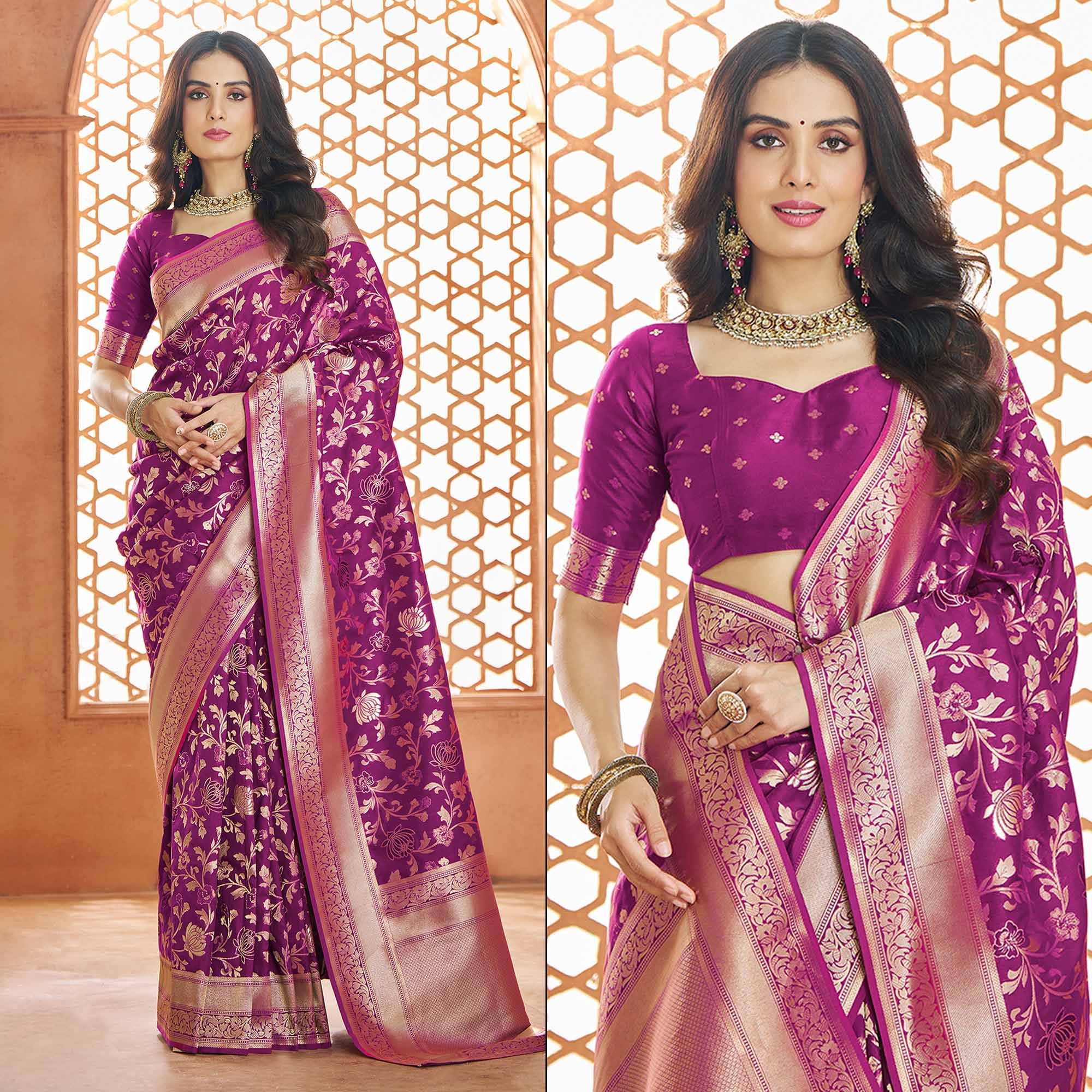 Purple Floral Woven Pure Banarasi Silk Saree