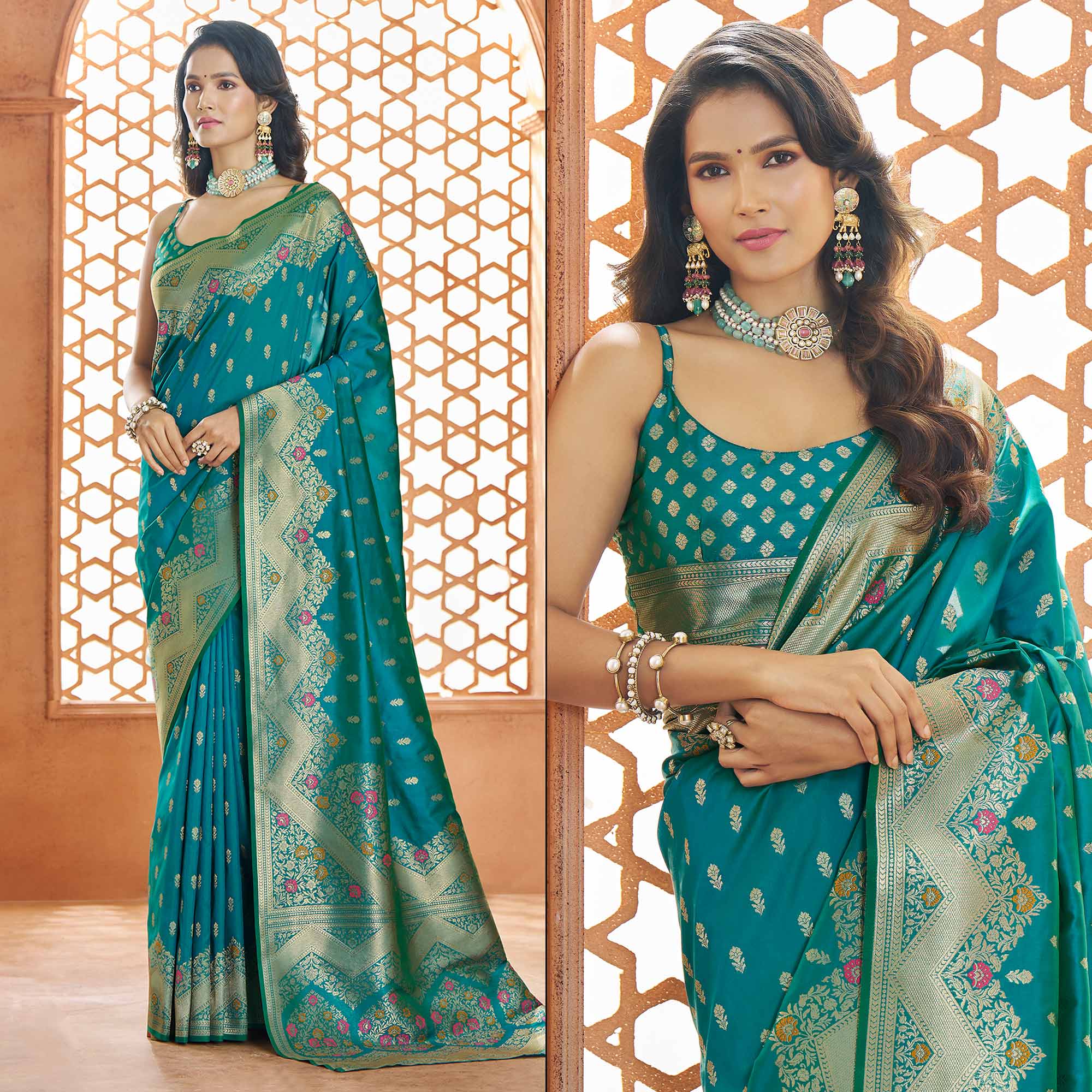 Rama Blue Floral Woven Pure Banarasi Silk Saree