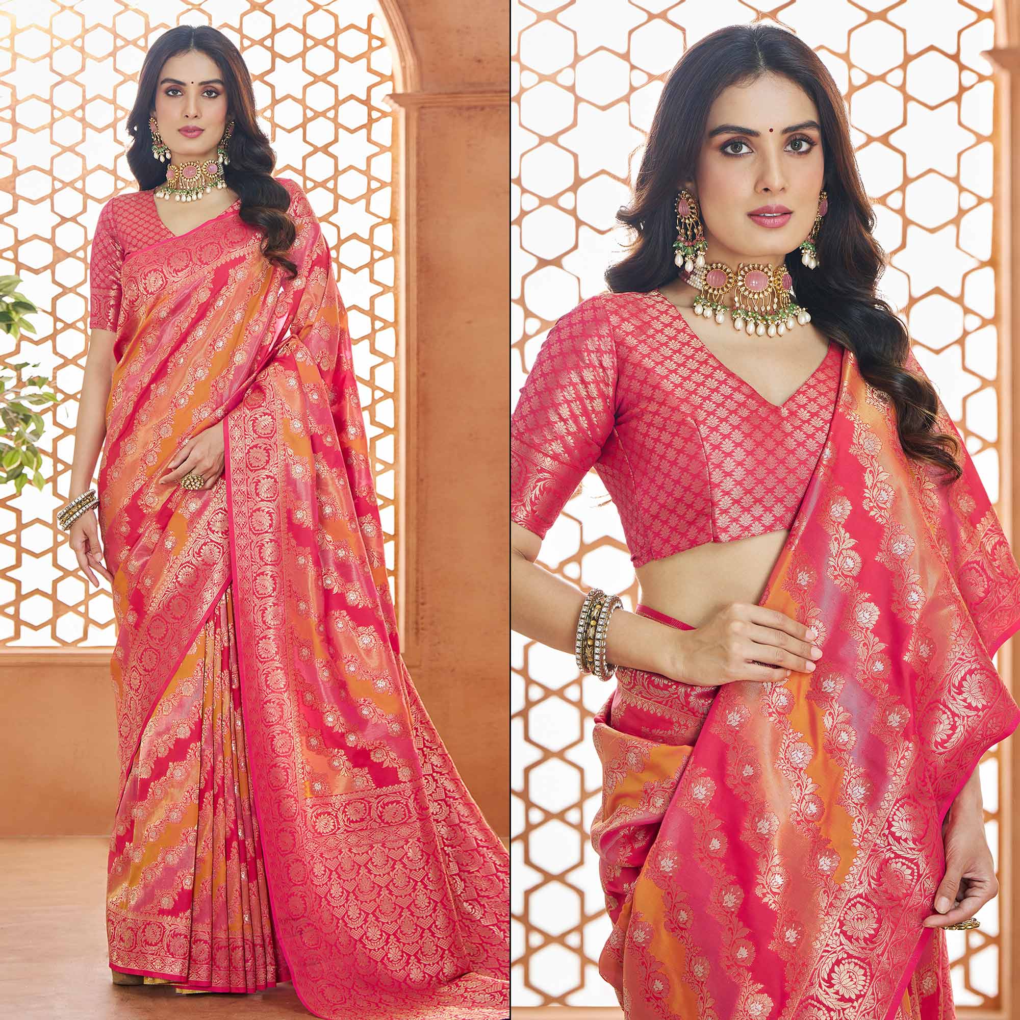 Gajri Pink Floral Woven Pure Banarasi Silk Saree