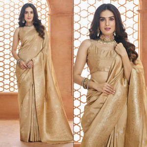 Beige Floral Woven Pure Banarasi Silk Saree