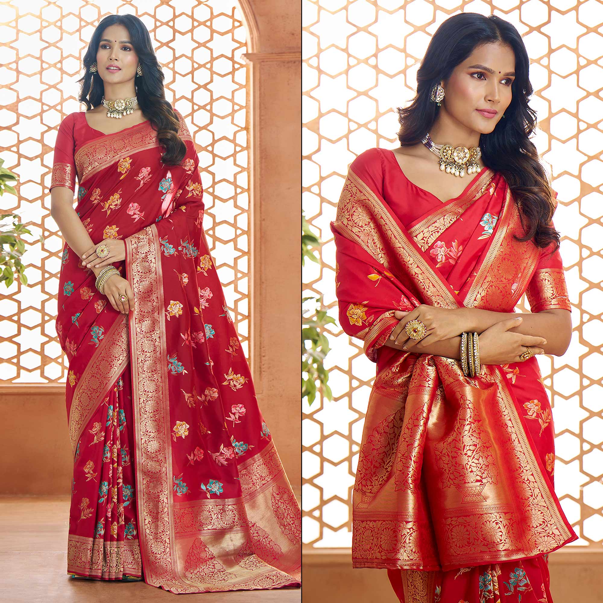 Red Floral Woven Pure Banarasi Silk Saree