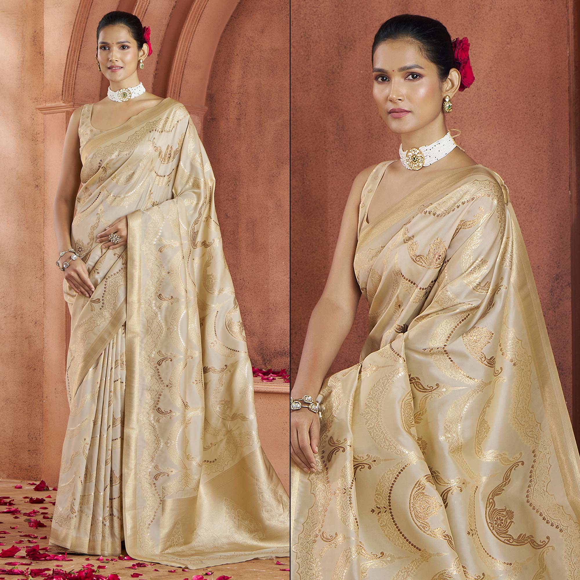 Beige Floral Woven Pure Banarasi Silk Saree