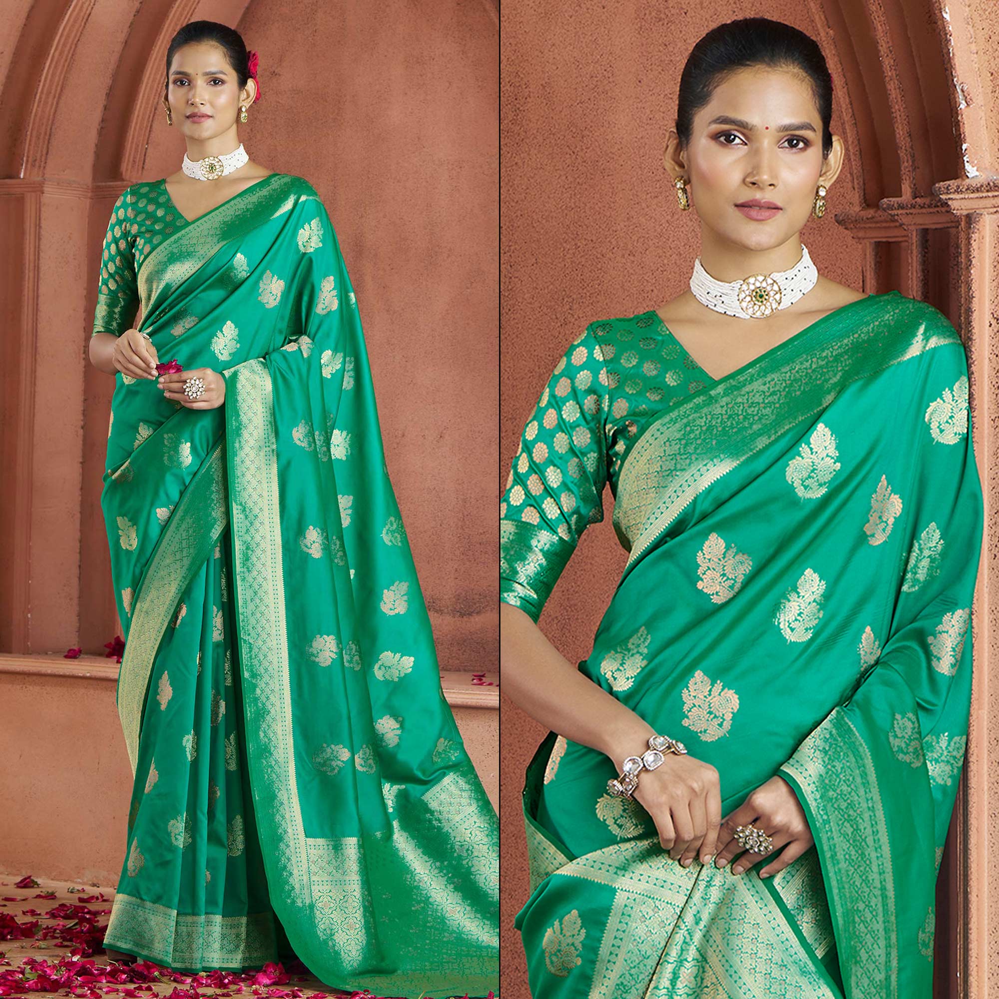 Rama Green Floral Woven Pure Banarasi Silk Saree