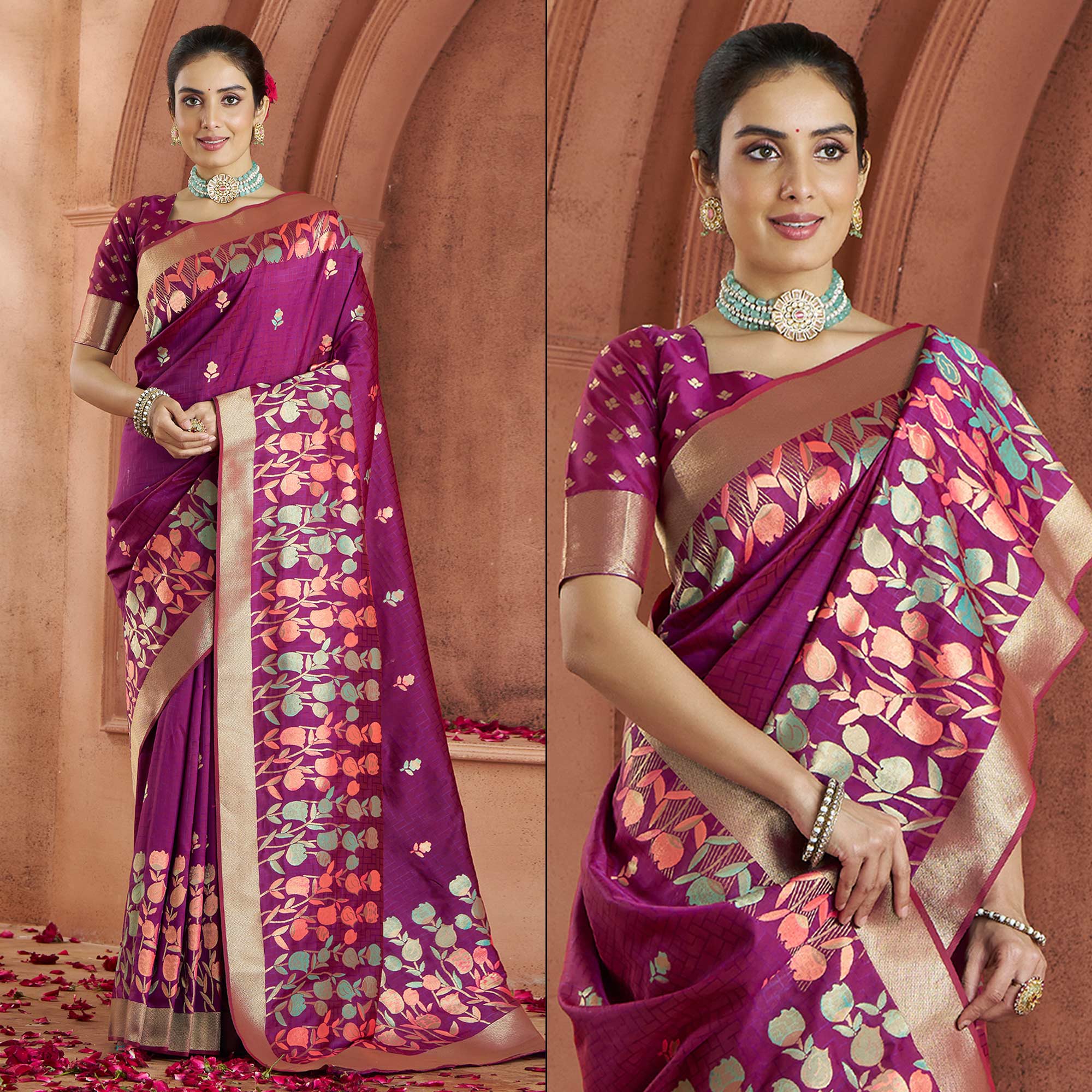 Purple Floral Woven Pure Banarasi Silk Saree