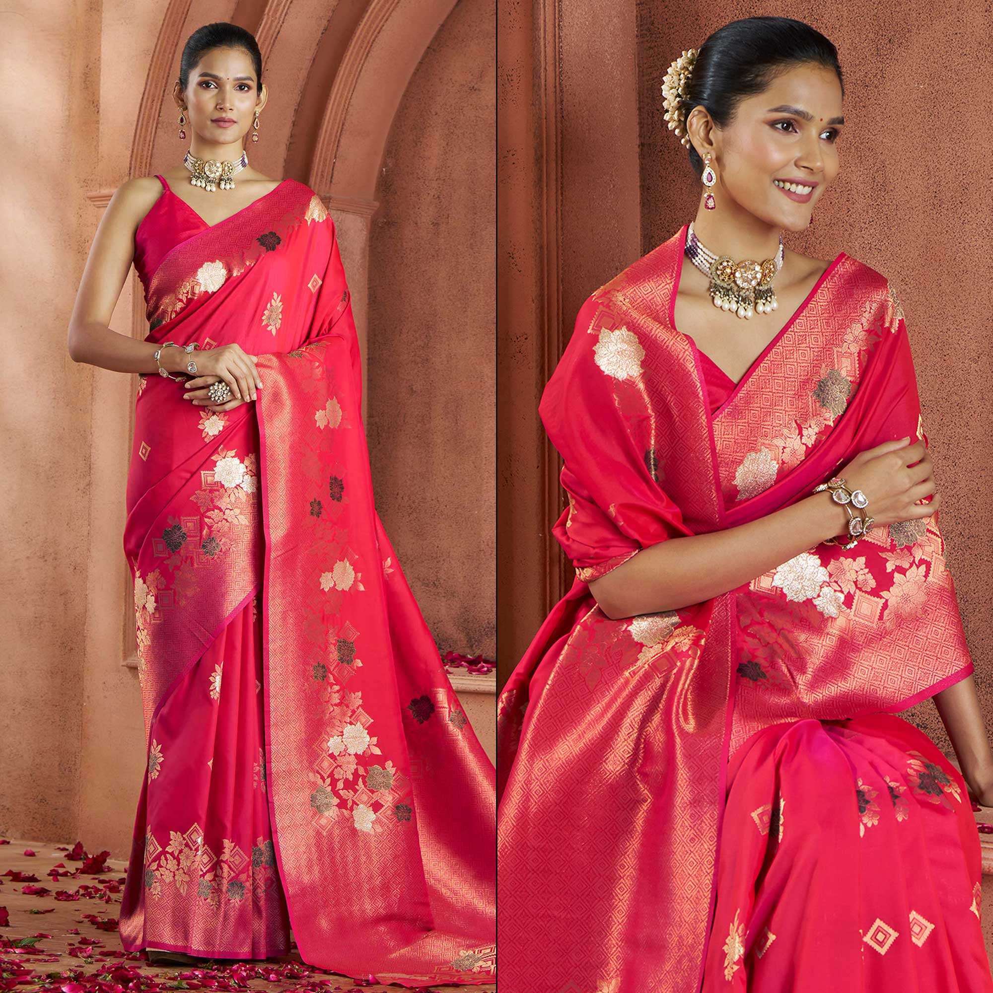 Crimson Red Floral Woven Pure Banarasi Silk Saree