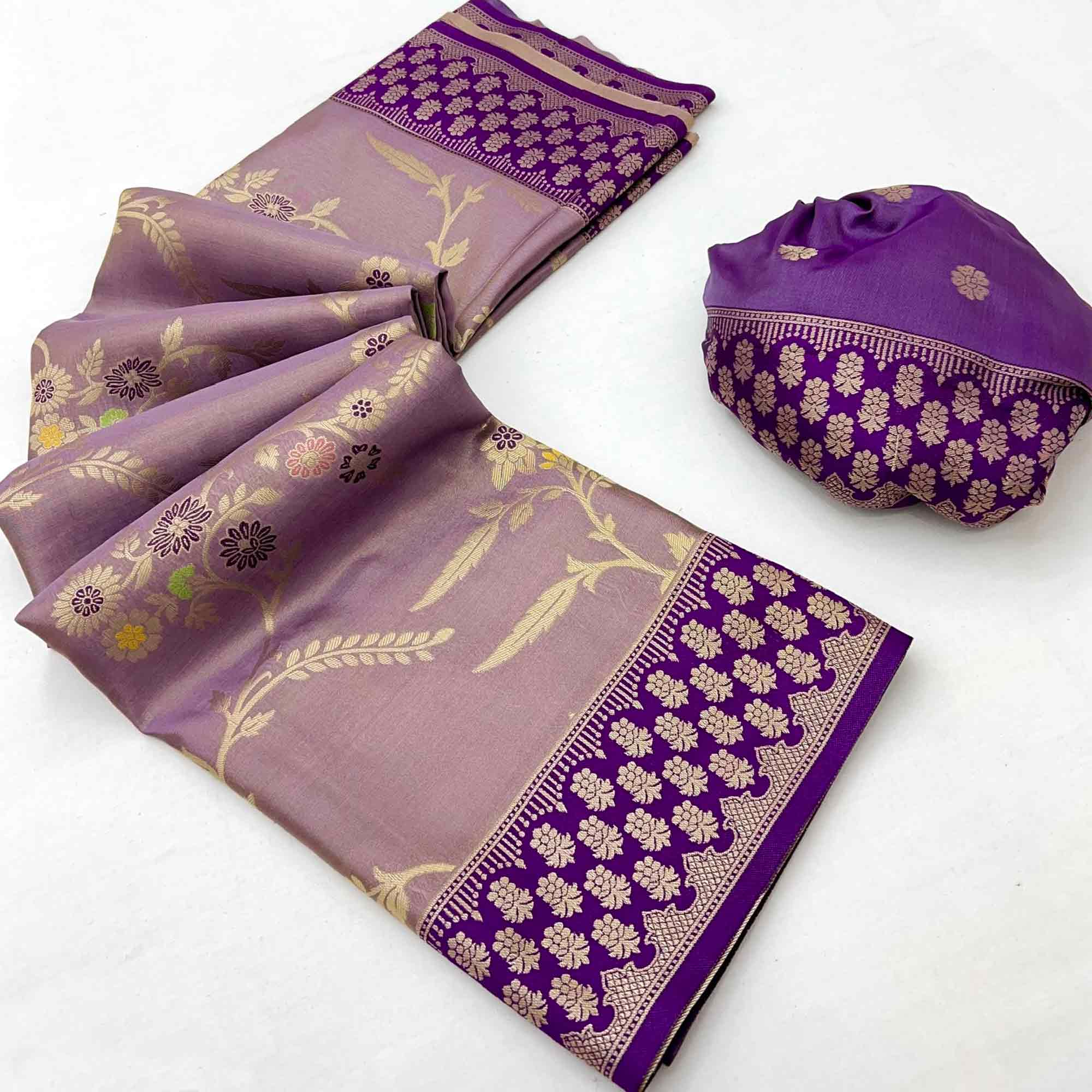Lavender Tissue Dharmavaram Silk Saree Adorned with Fine Traditional Minakari Weaving