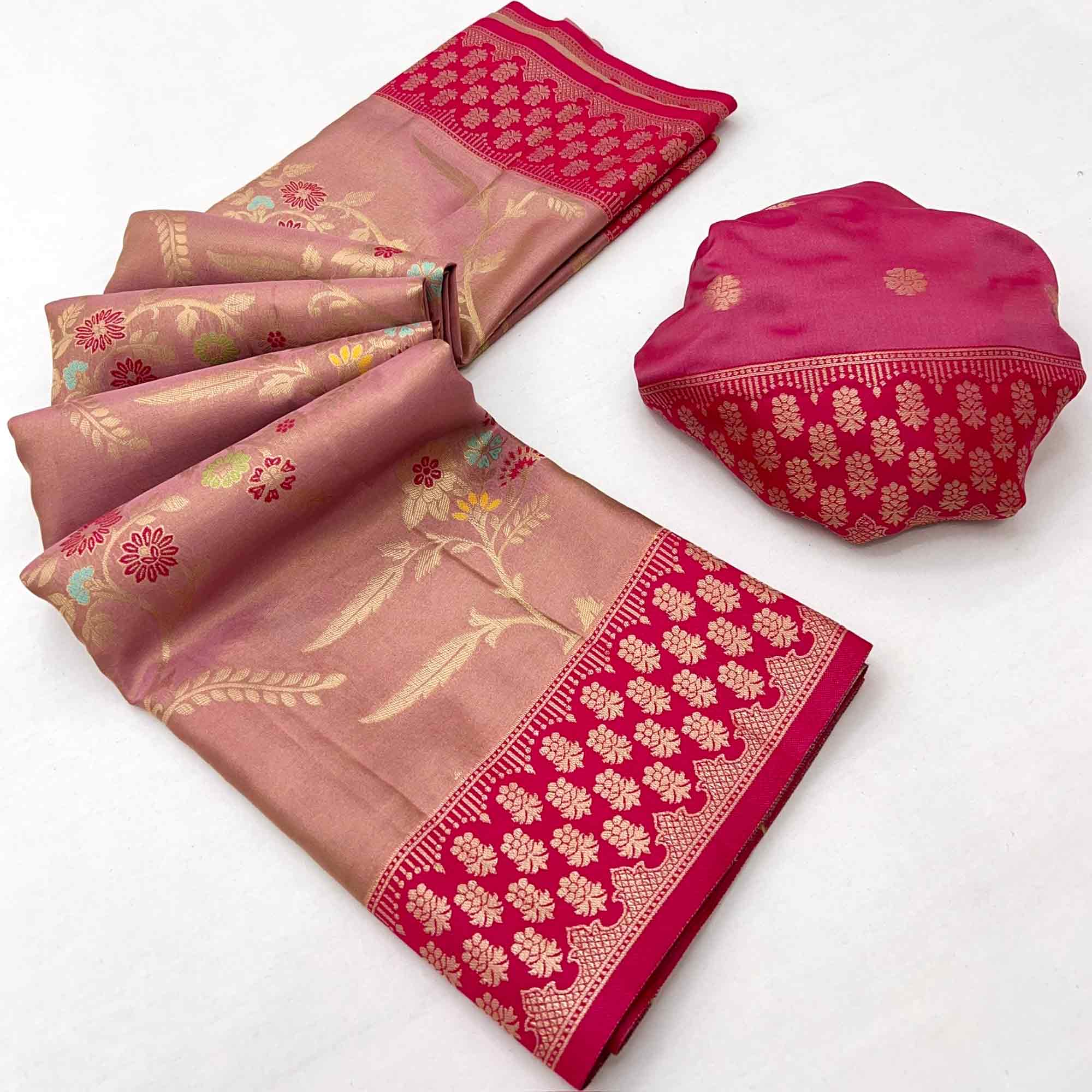 Peach Tissue Dharmavaram Silk Saree Adorned with Fine Traditional Minakari Weaving