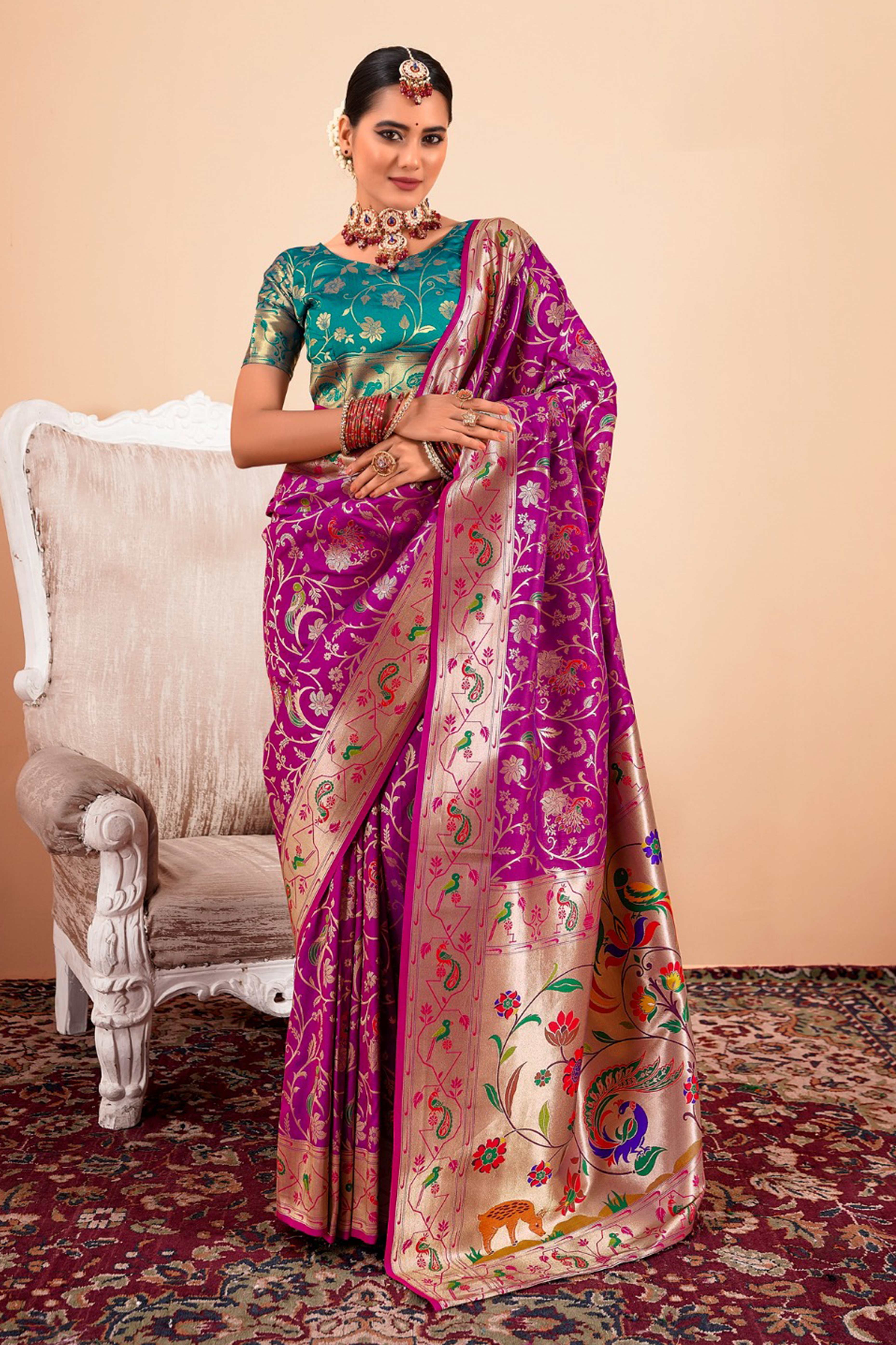 Purple Floral Zari Weaving Pure Silk Paithani Saree
