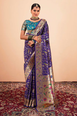 Bluish Purple Floral Zari Weaving Pure Silk Paithani Saree