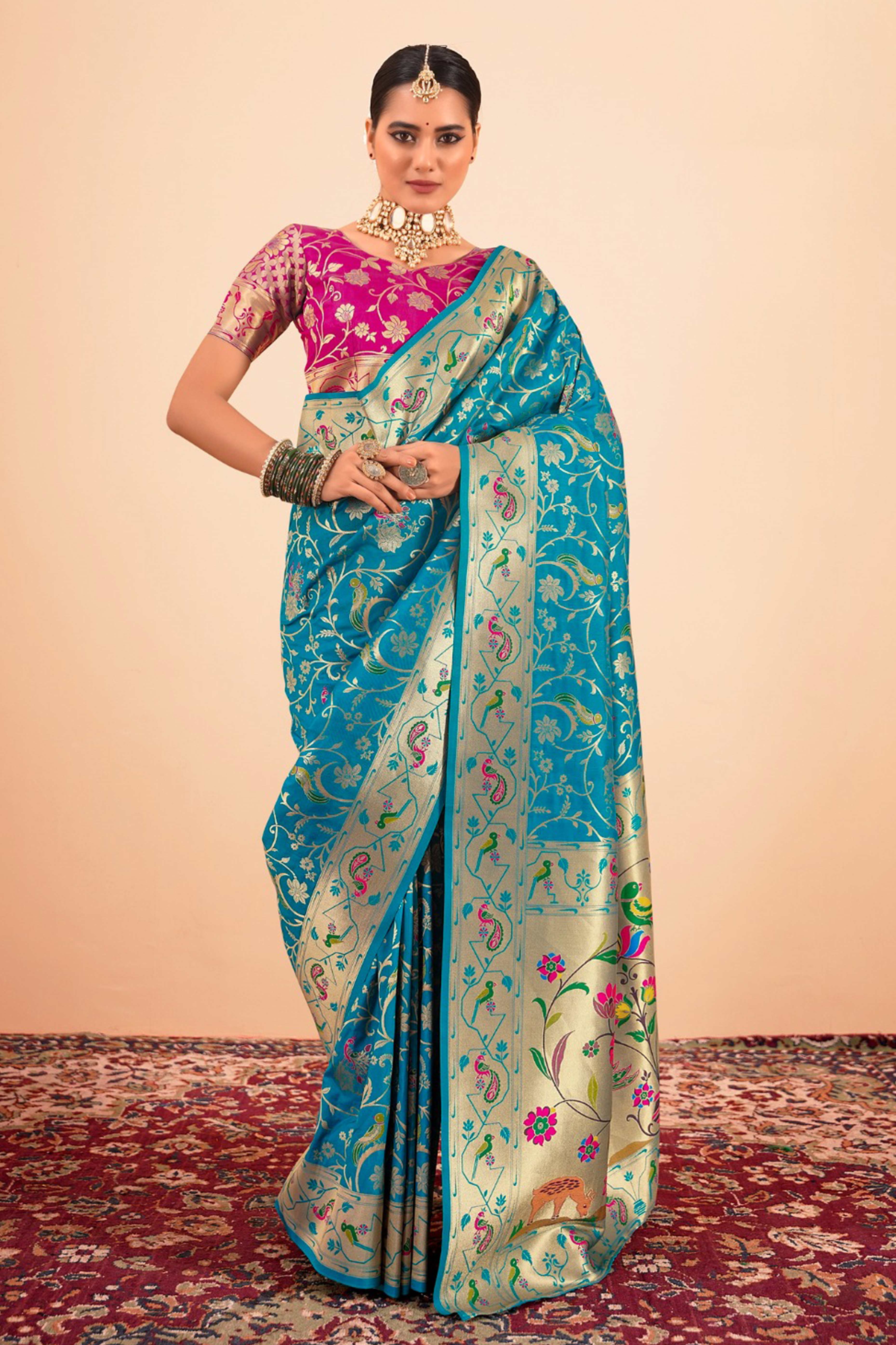 Rama Blue Floral Zari Weaving Pure Silk Paithani Saree