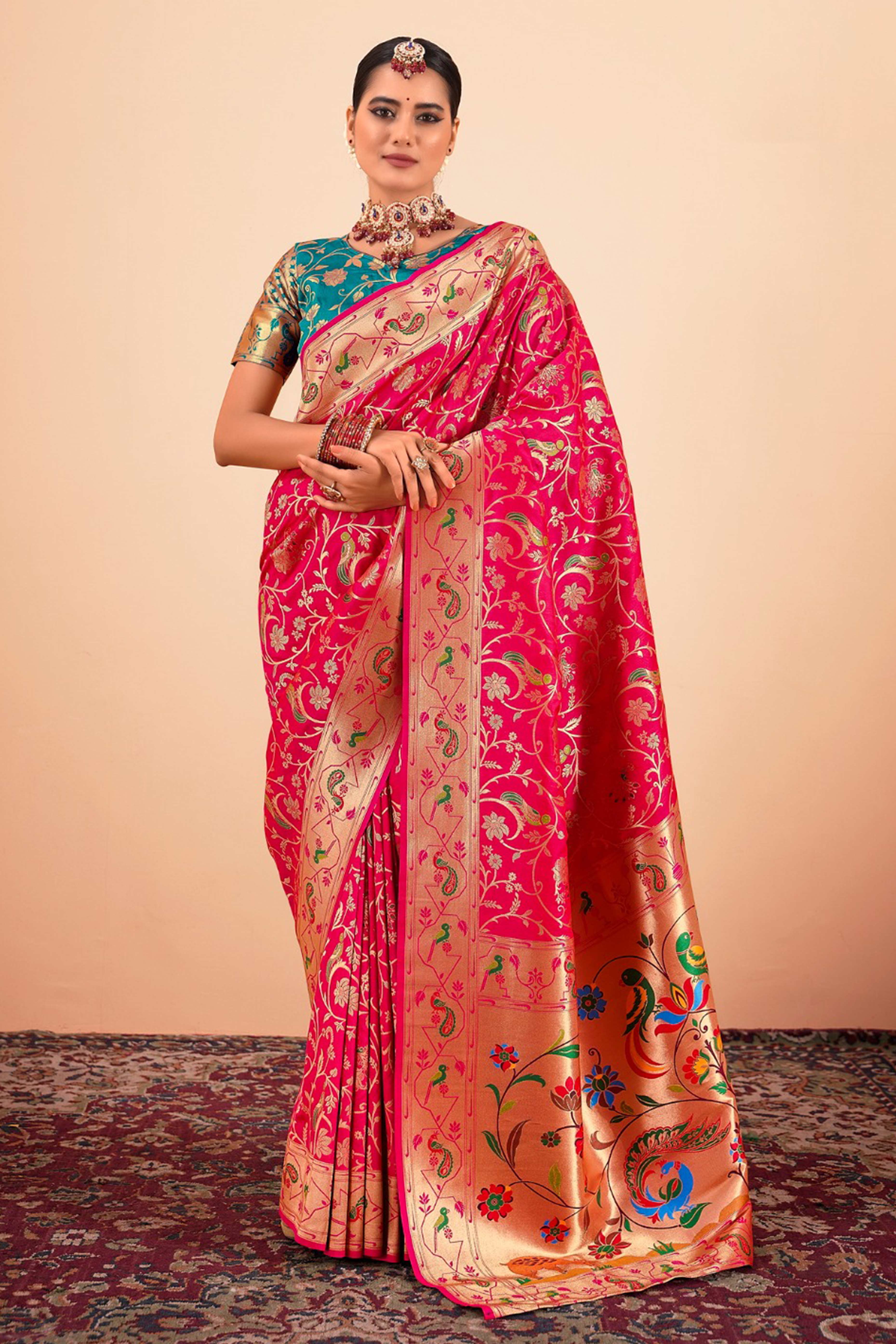 Pink Floral Zari Weaving Pure Silk Paithani Saree