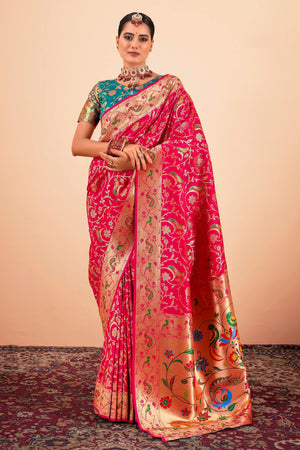 Pink Floral Zari Weaving Pure Silk Paithani Saree