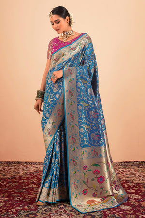 Blue Floral Zari Weaving Pure Silk Paithani Saree