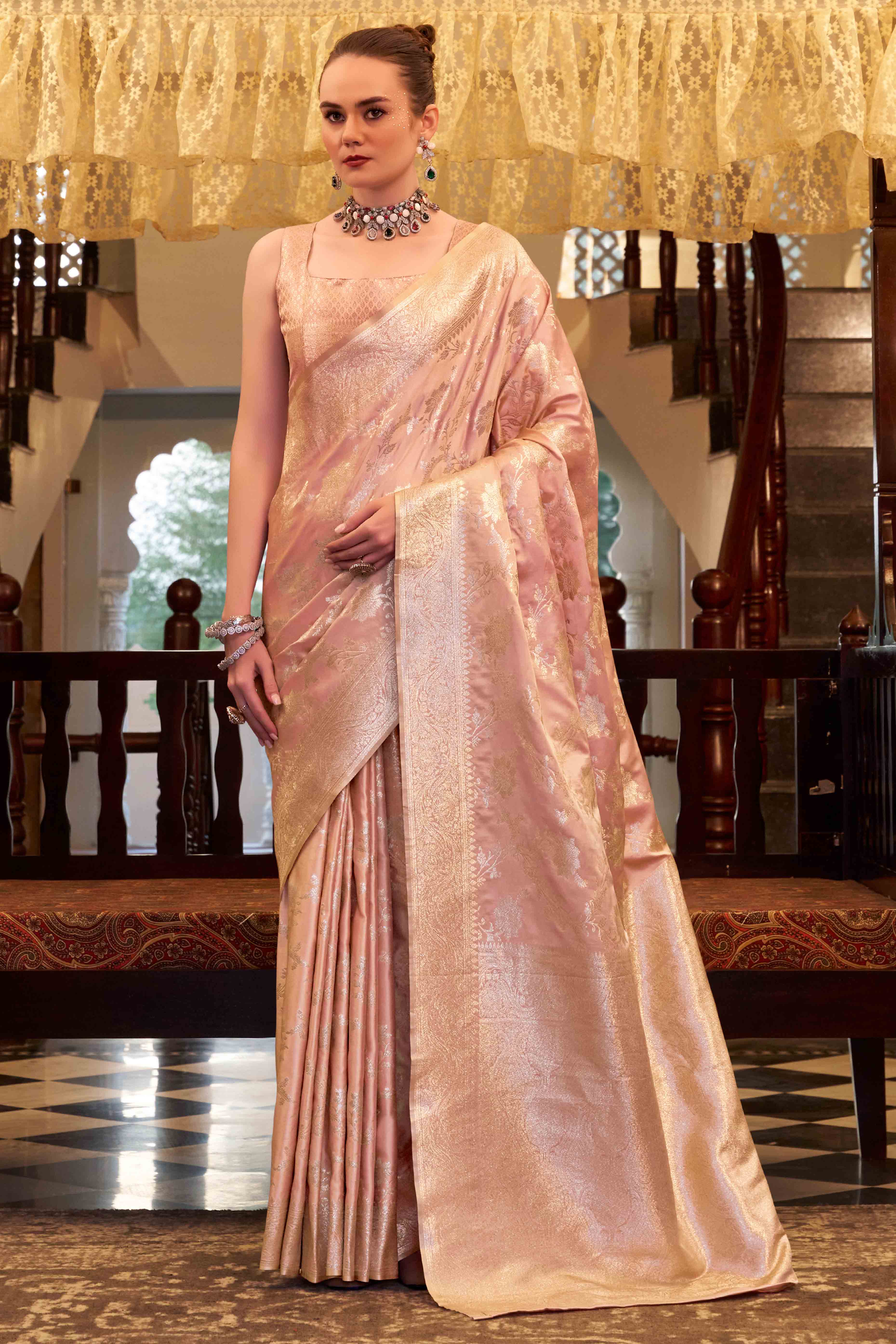 Blush Pink Soft Satin Saree Featuring Exquisite Zari Weaving Work