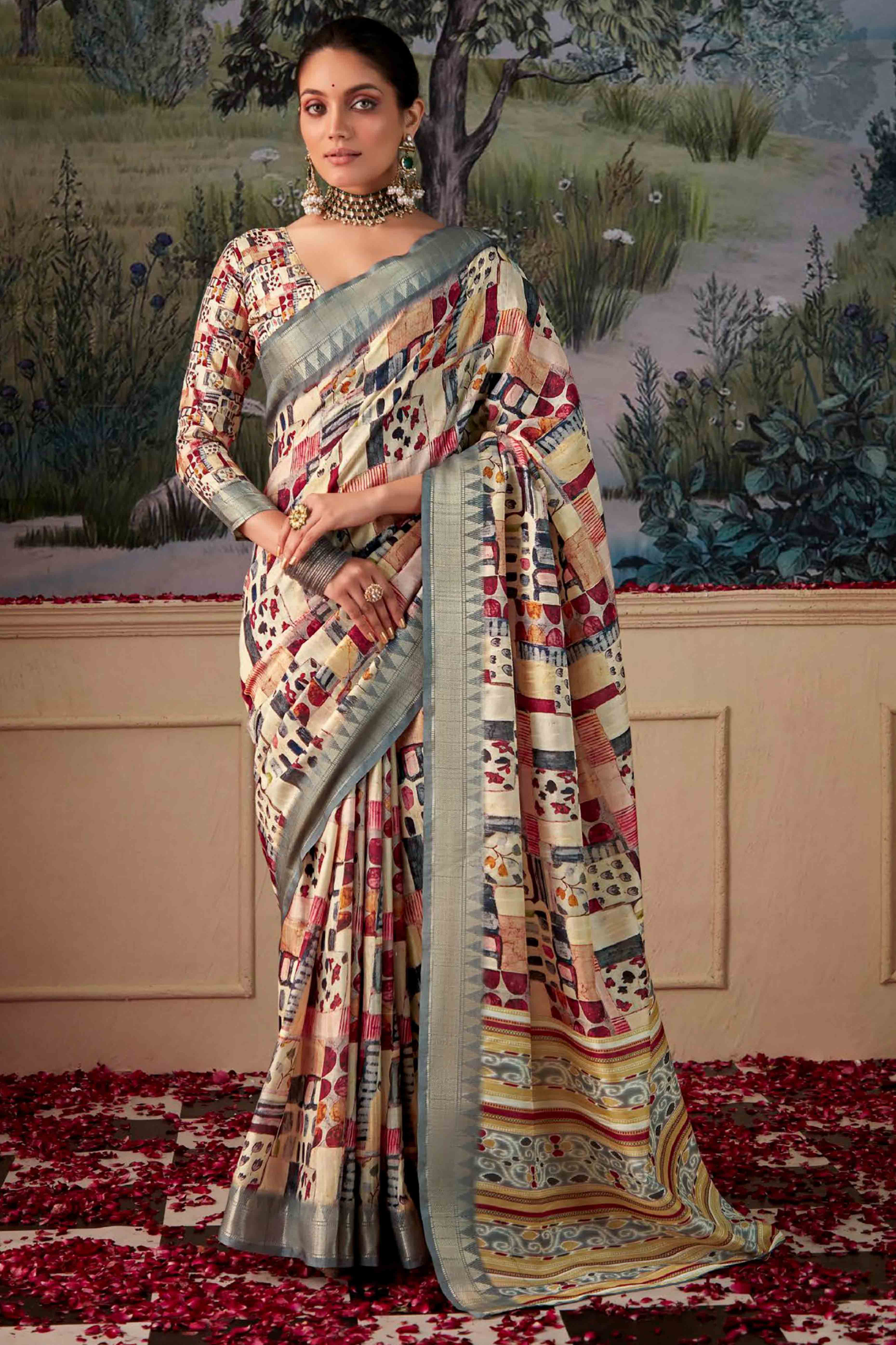 Trendy Digital Printed Silk Blend Saree in Off White
