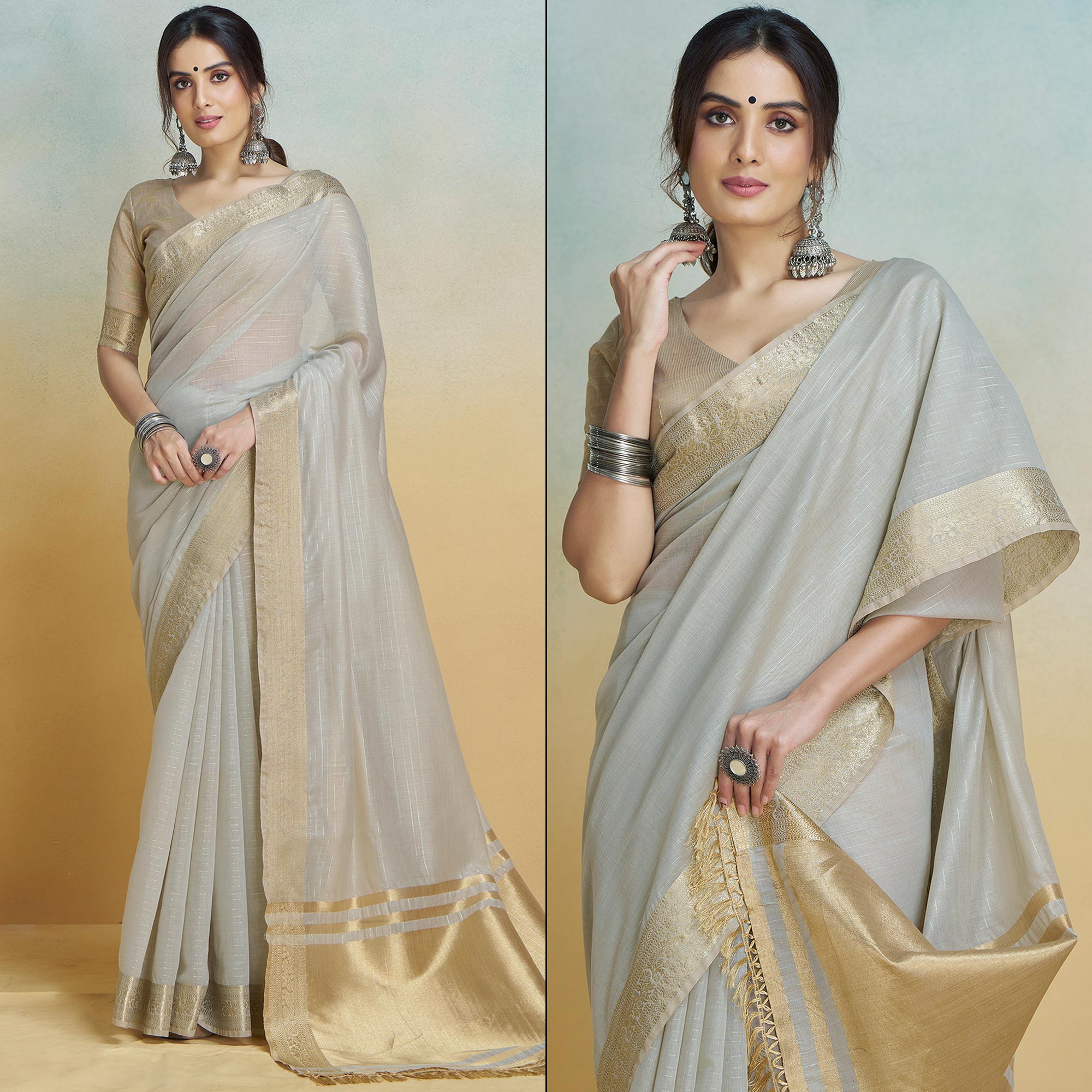 Light Grey Woven Cotton Silk Saree With Tassels