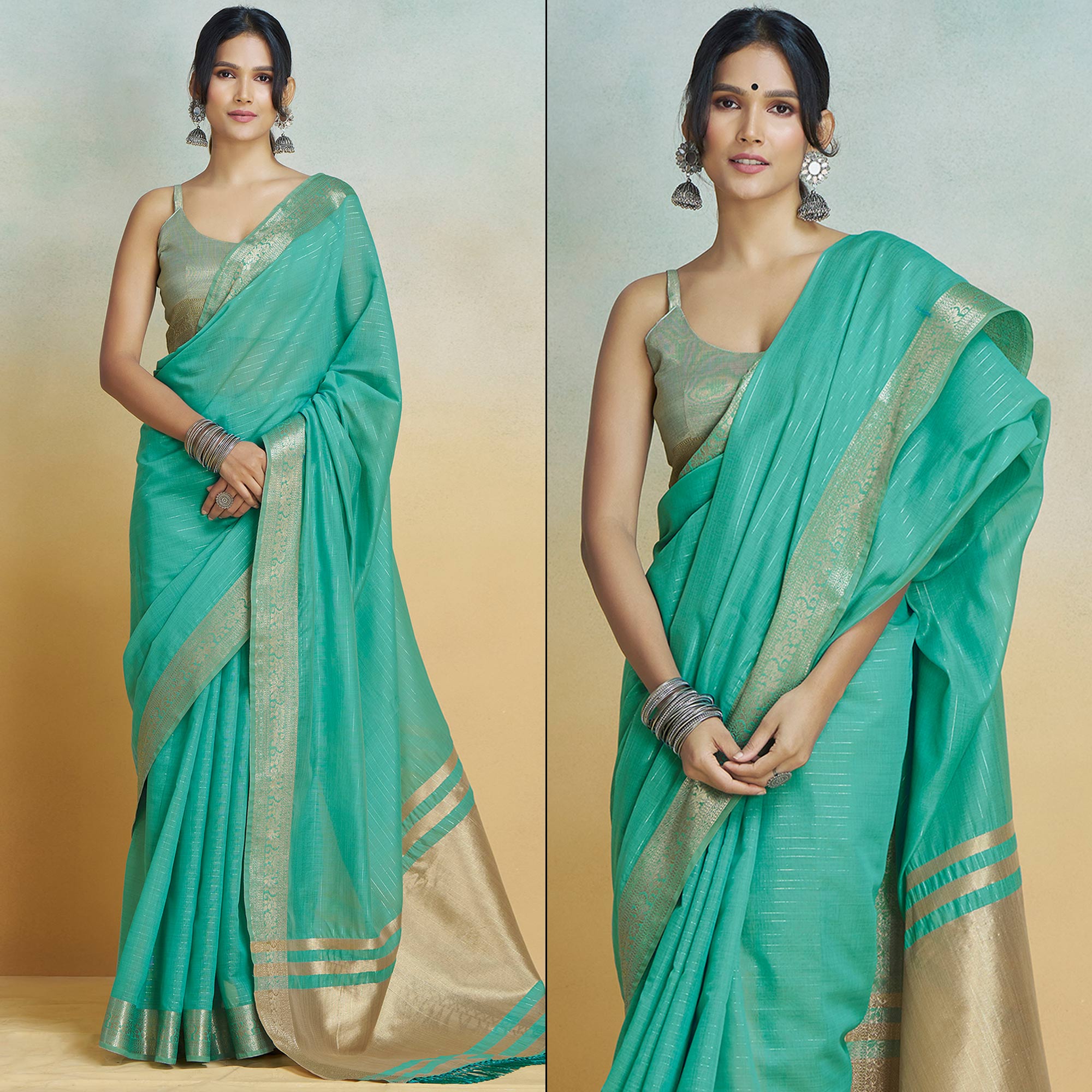 Rama Green Woven Cotton Silk Saree With Tassels