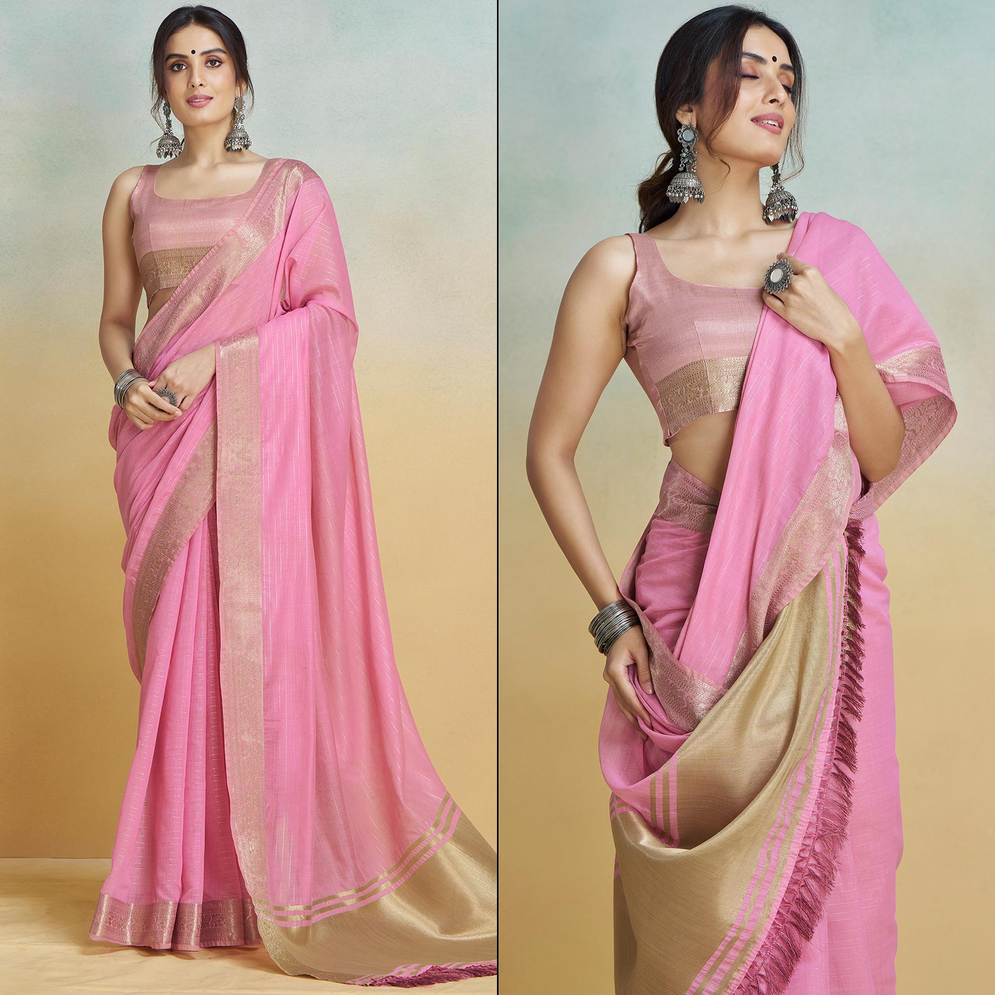 Pink Woven Cotton Silk Saree With Tassels