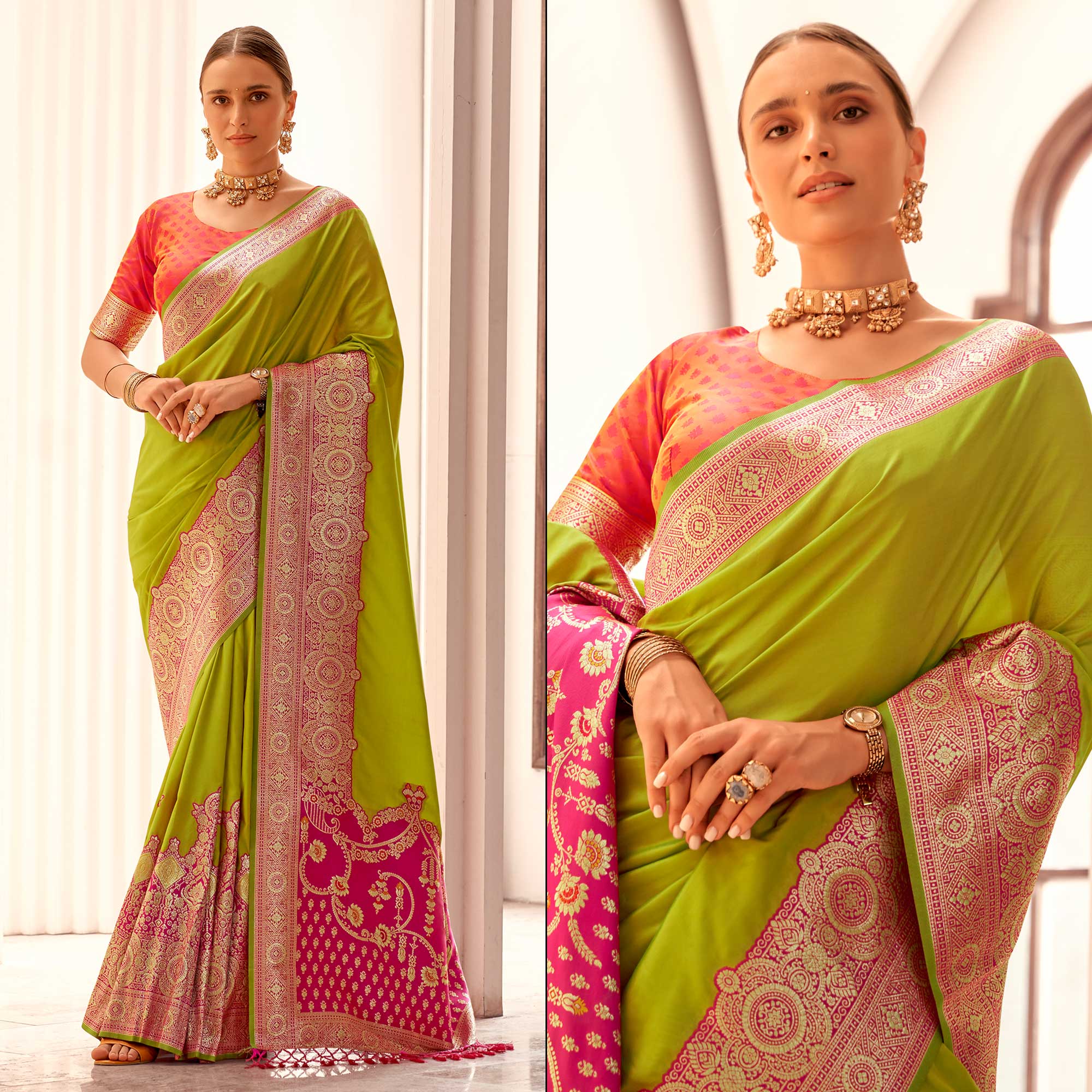 Green Floral Woven Banarasi Silk Saree With Tassels