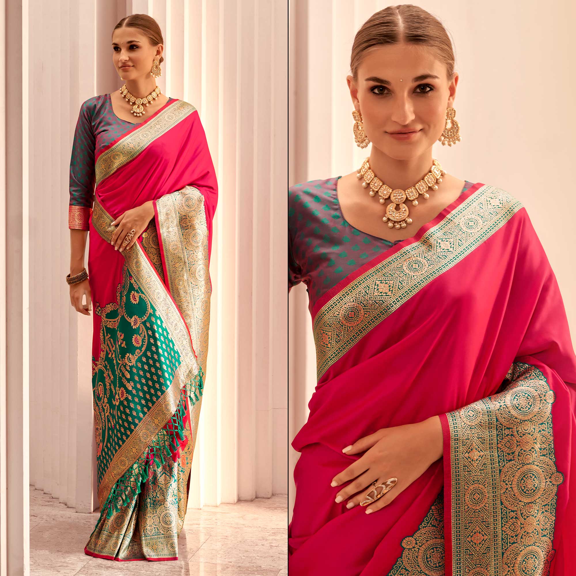 Rani Pink Floral Woven Banarasi Silk Saree With Tassels