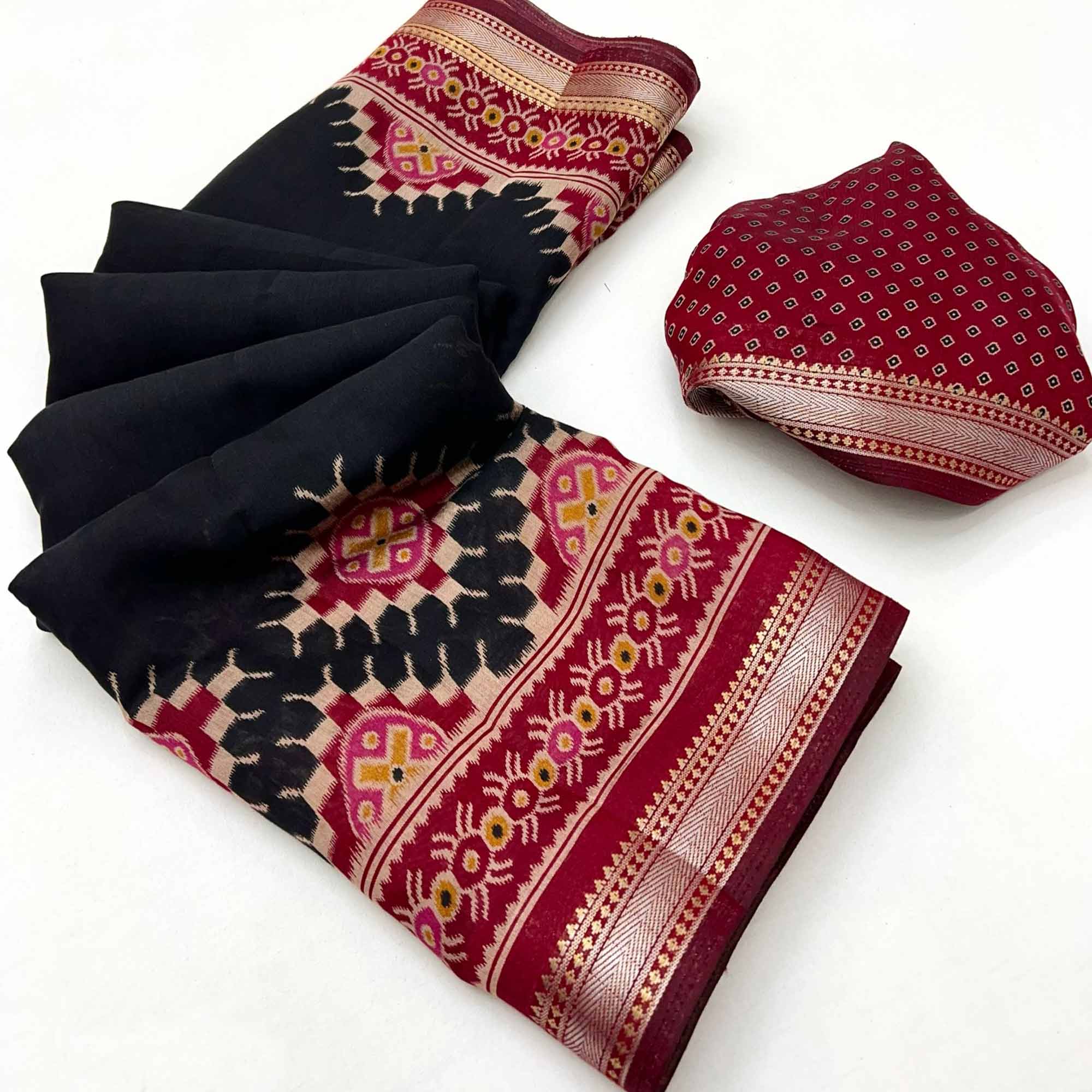 Black Patola Print Mulmul Cotton Saree with Shimmering Zari Trim