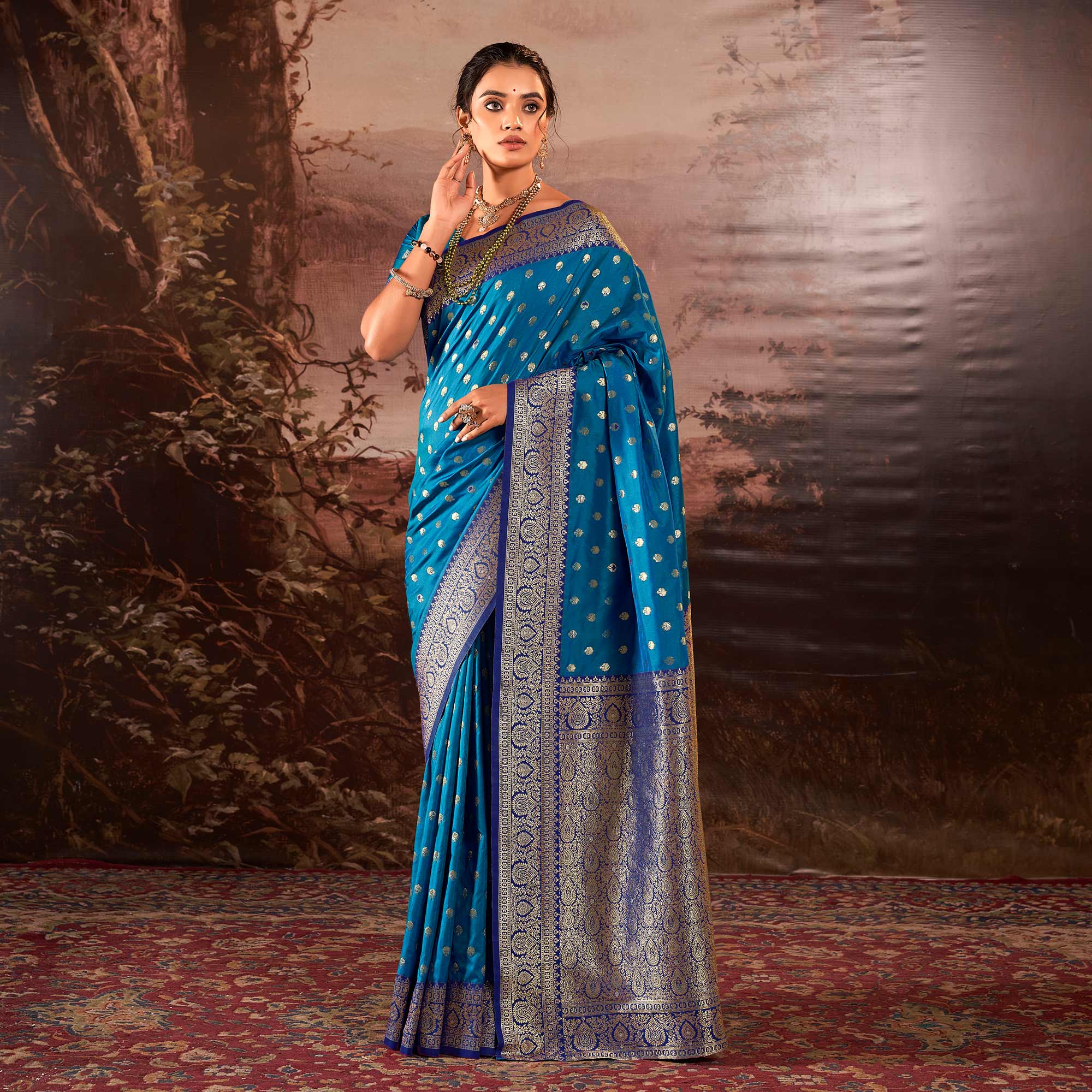 Peacock Blue Woven Butti Work Banarasi Silk Saree