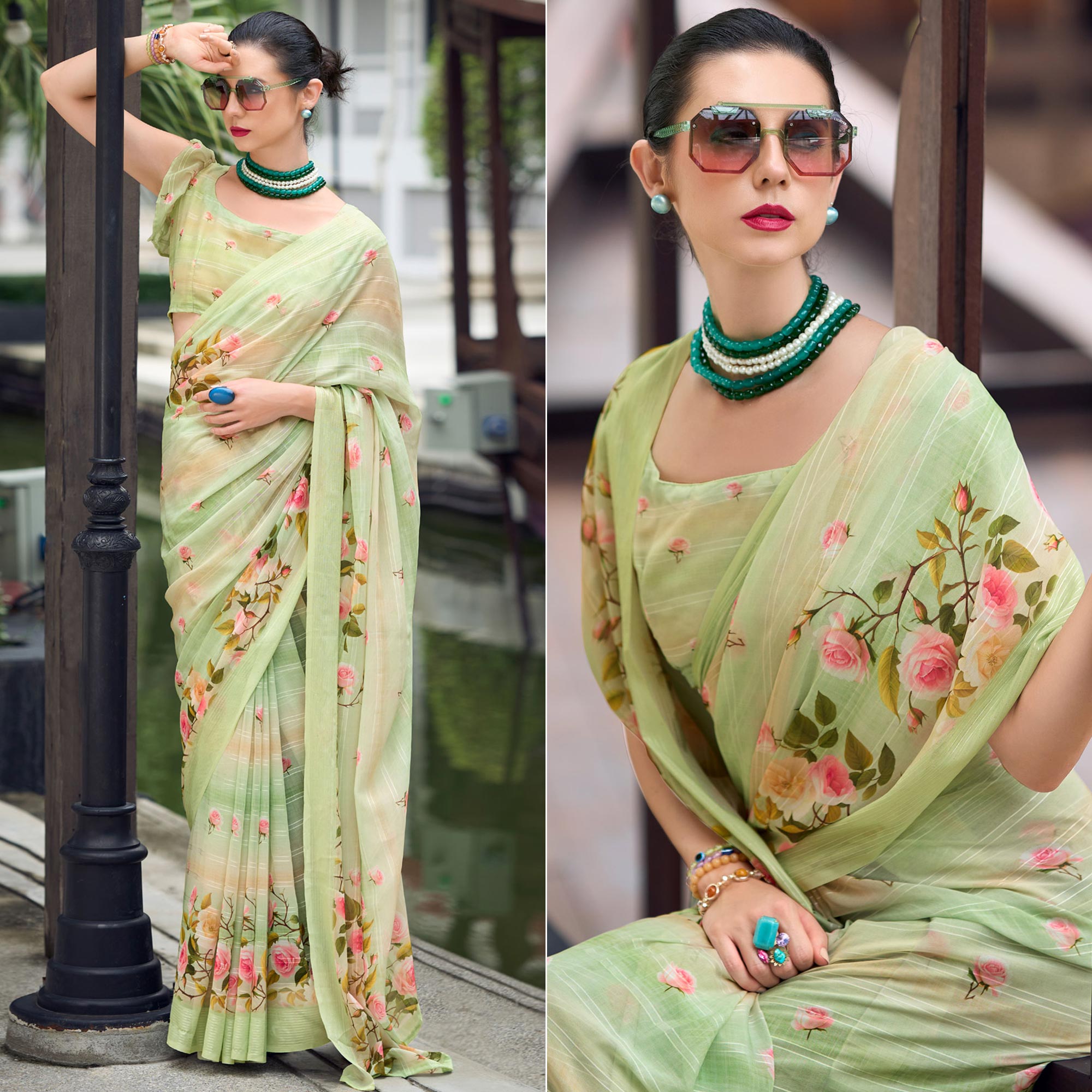 Green Floral Digital Printed Georgette Saree