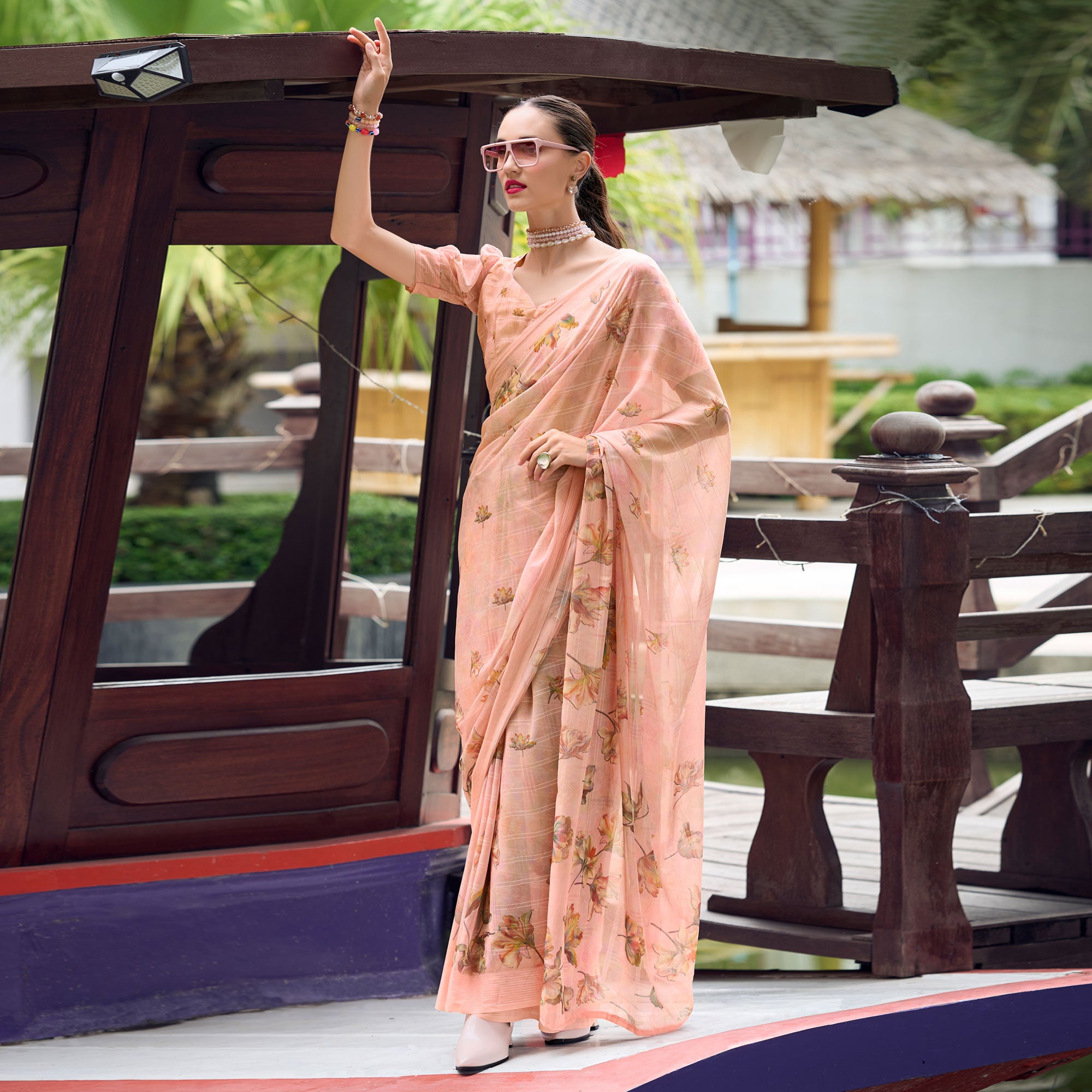 Peach Floral Digital Printed Georgette Saree