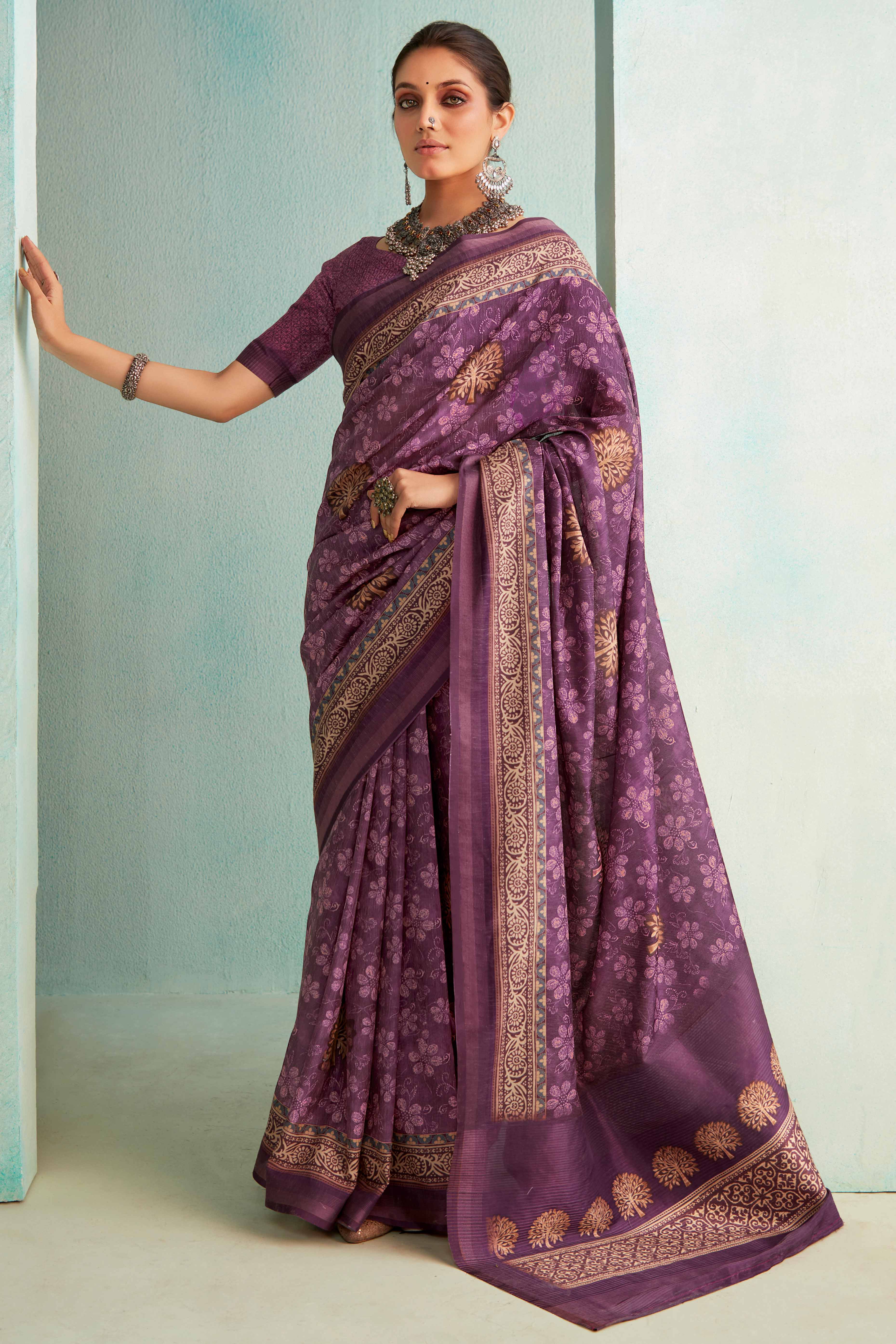 Designer Lavender Handloom Saree with Digital Print on Silk Blend Fabric