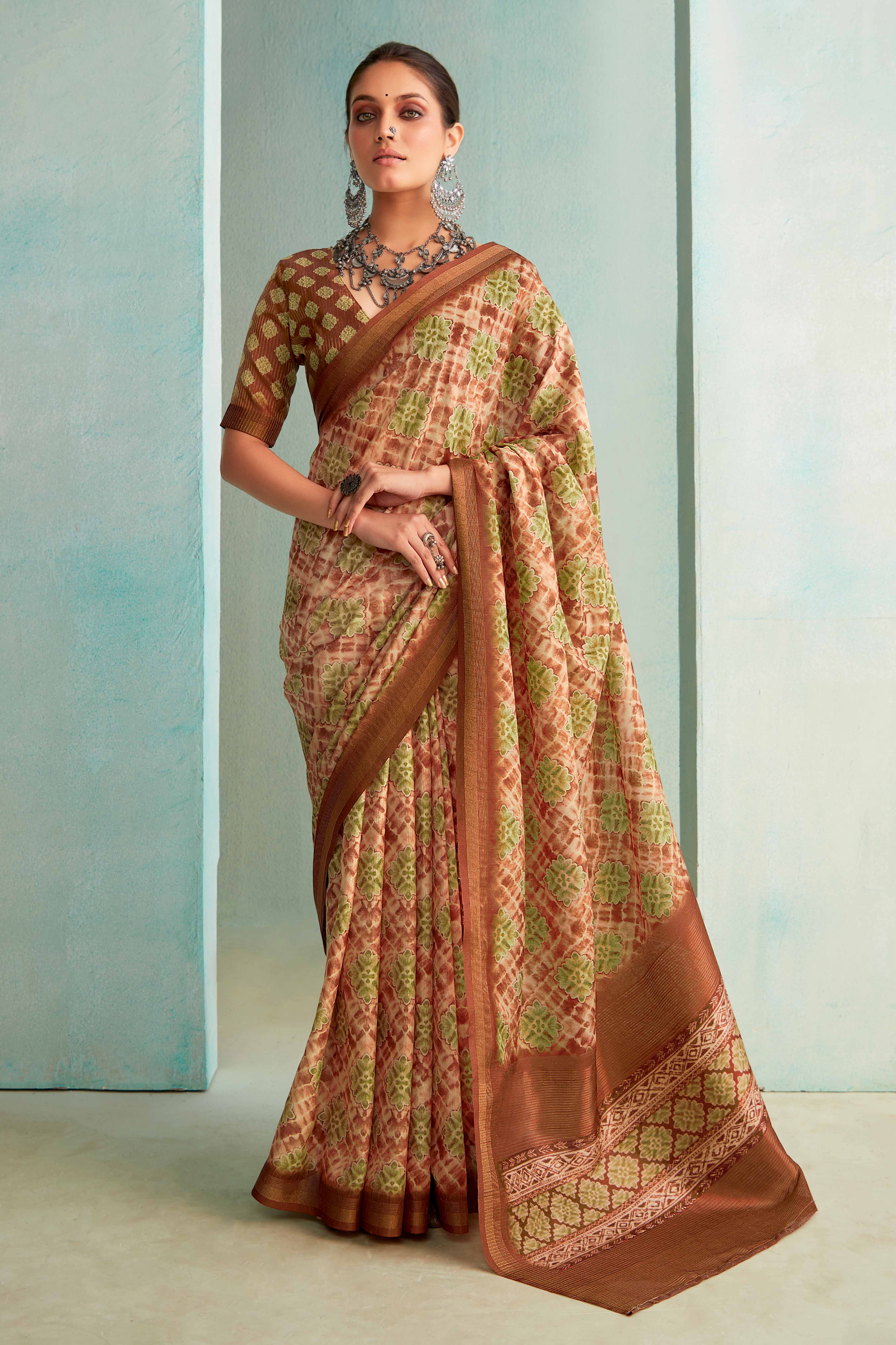 Designer Brown Handloom Saree with Digital Print on Silk Blend Fabric